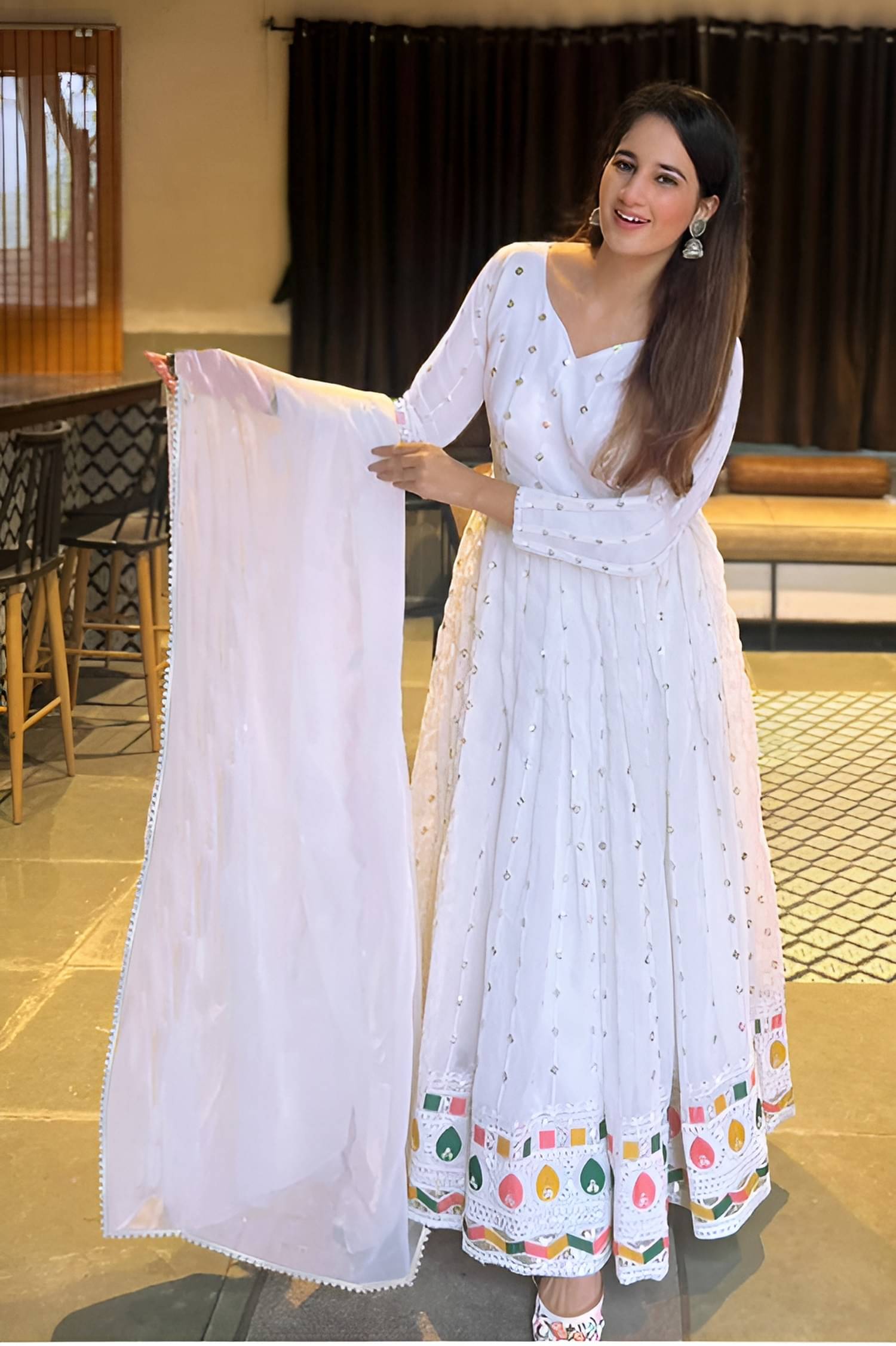 Trijal Fab White Anarkali Georgette Women's Stitched Ethnic Gown ( Pack of 1 ) Trijal Fab White Anarkali Georgette Women's Stitched Ethnic Gown ( Pack of 1 )