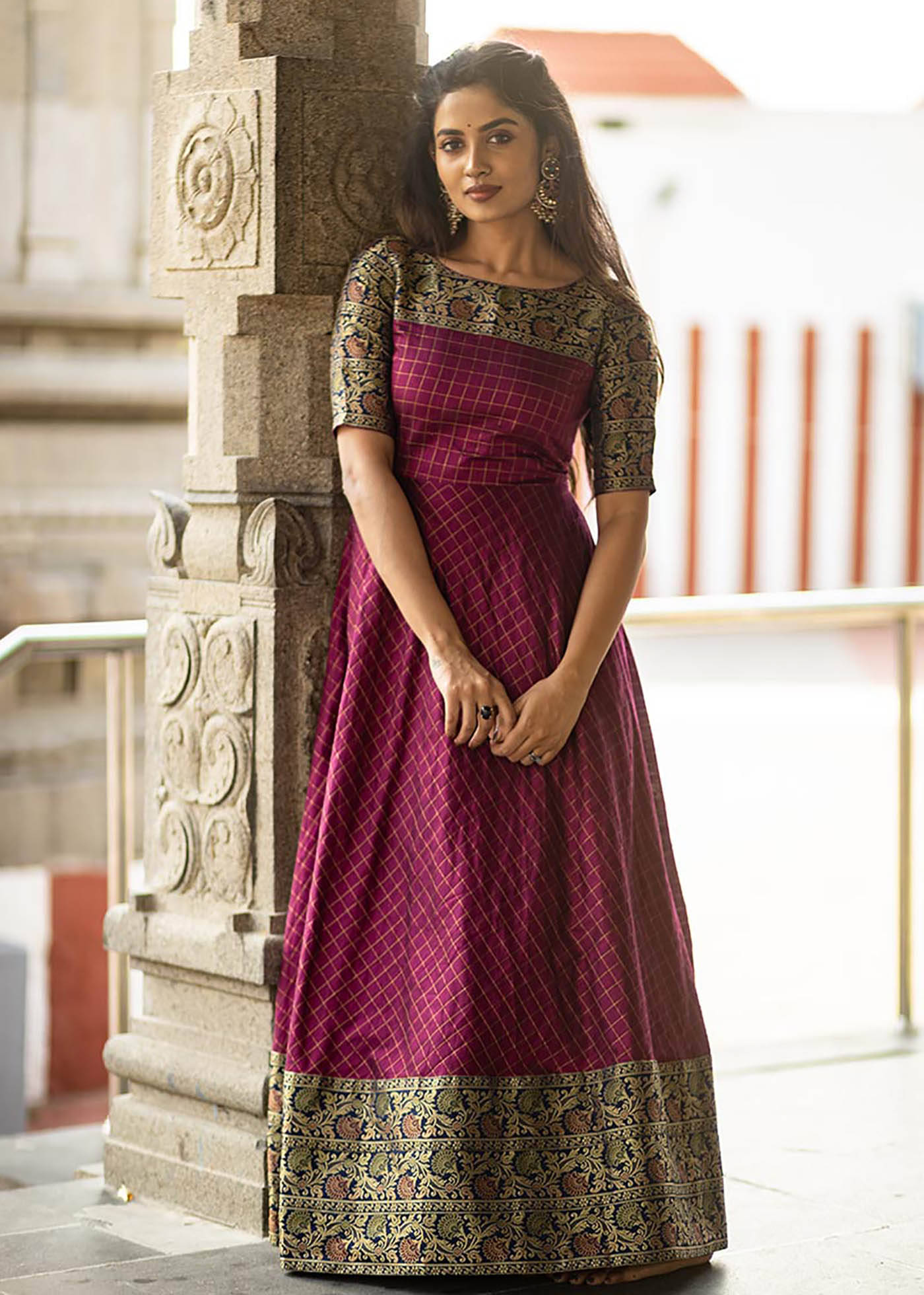     			Trijal Fab Wine Anarkali Jacquard Women's Stitched Ethnic Gown ( Pack of 1 )