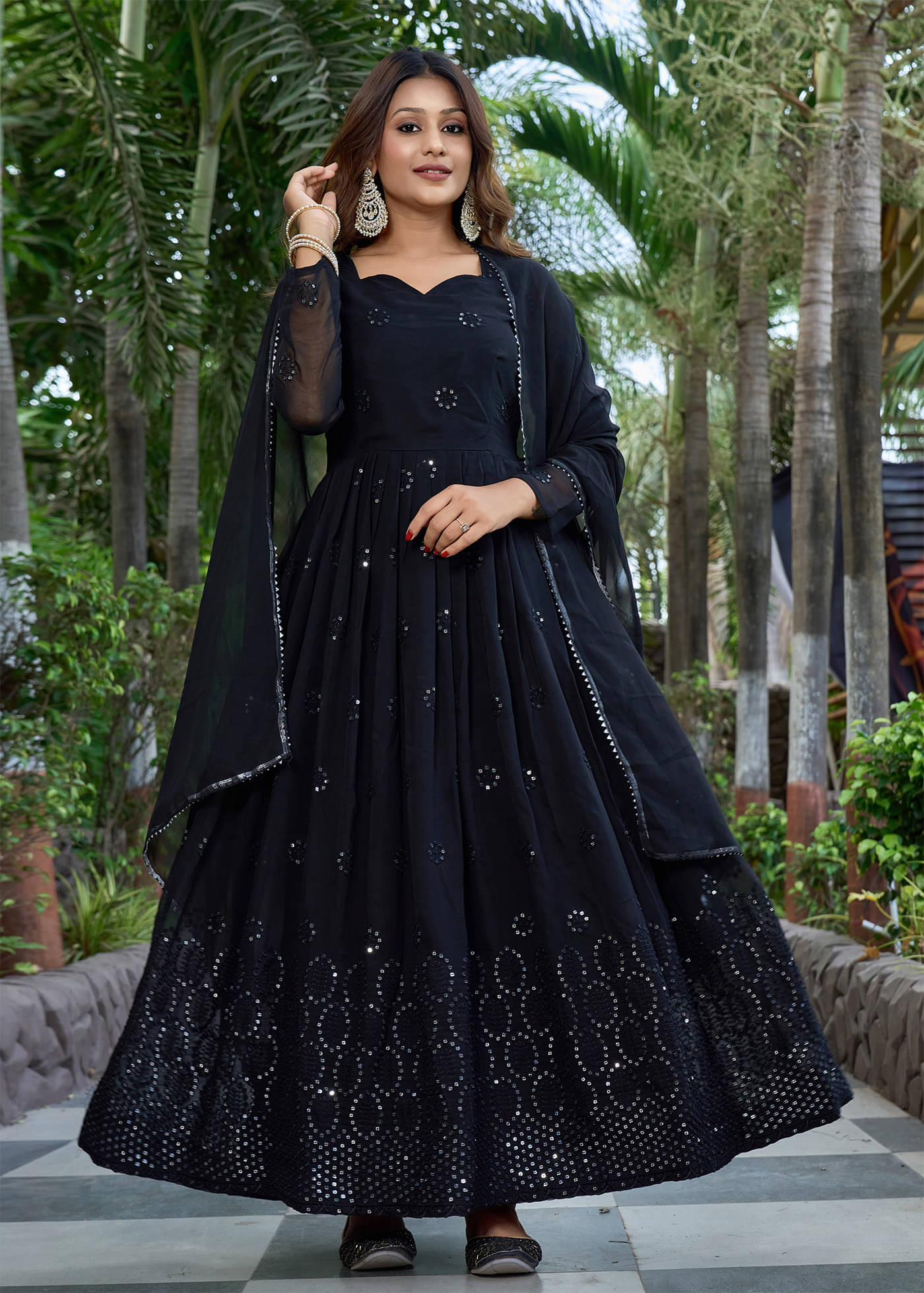 kedar fab Black Anarkali Georgette Women's Stitched Ethnic Gown ( Pack of 1 )     			kedar fab Black Anarkali Georgette Women's Stitched Ethnic Gown ( Pack of 1 )