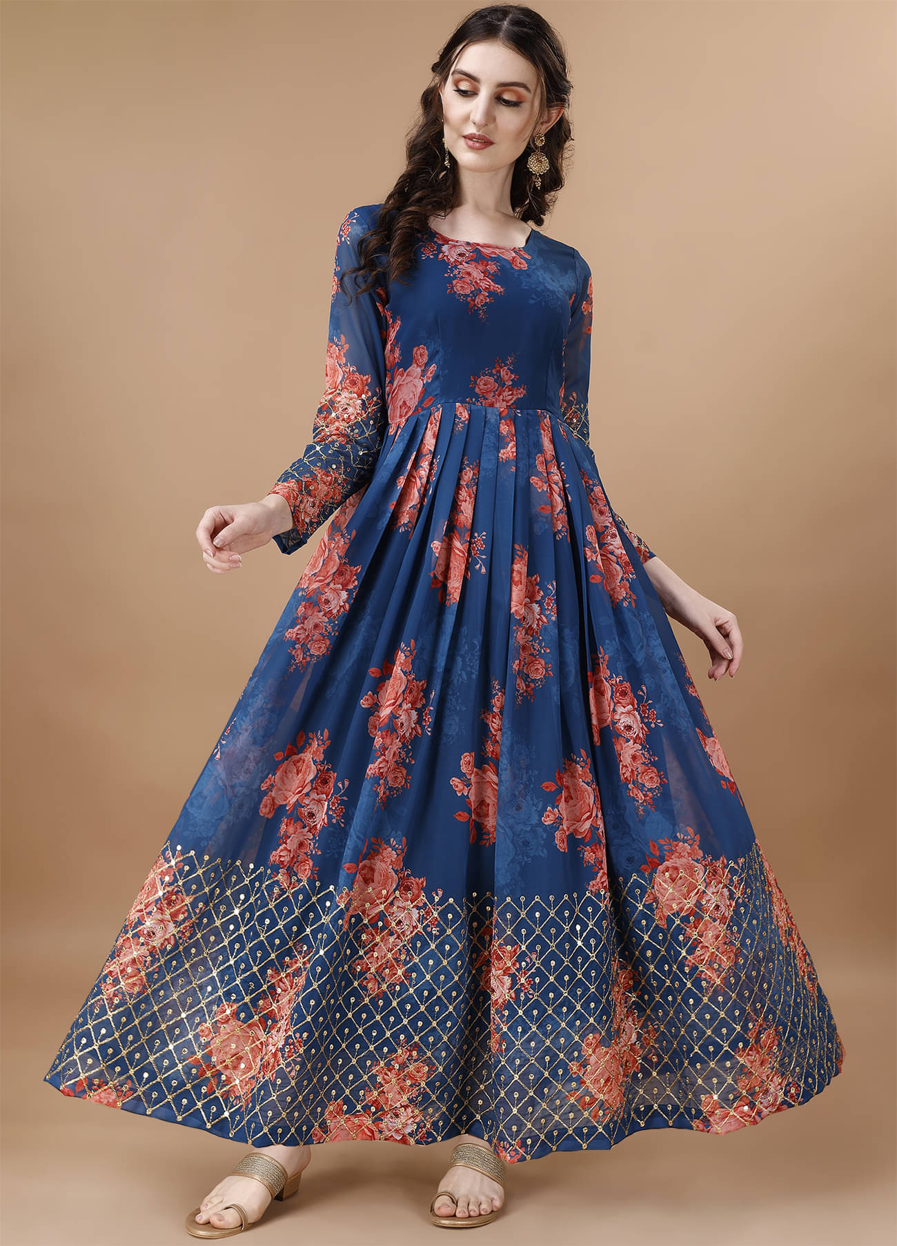 kedar fab Blue Anarkali Georgette Women's Stitched Ethnic Gown ( Pack of 1 )     			kedar fab Blue Anarkali Georgette Women's Stitched Ethnic Gown ( Pack of 1 )