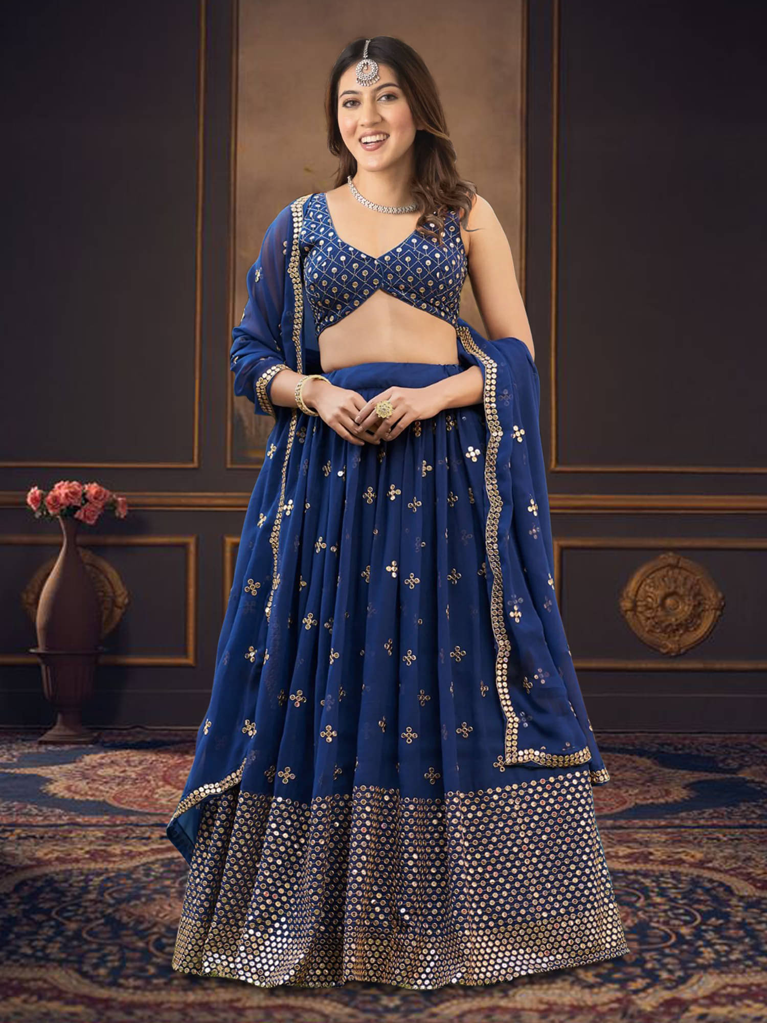     			kedar fab Blue Georgette Circular Semi Stitched Lehenga Single