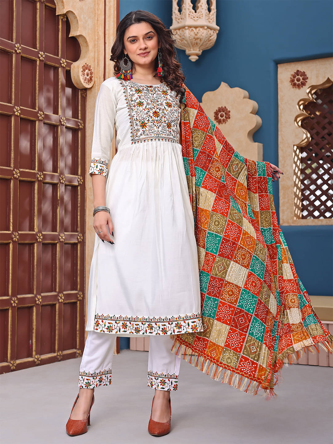     			kedar fab Cotton Silk Embroidered Kurti With Pants Women's Stitched Salwar Suit - White ( Pack of 1 )