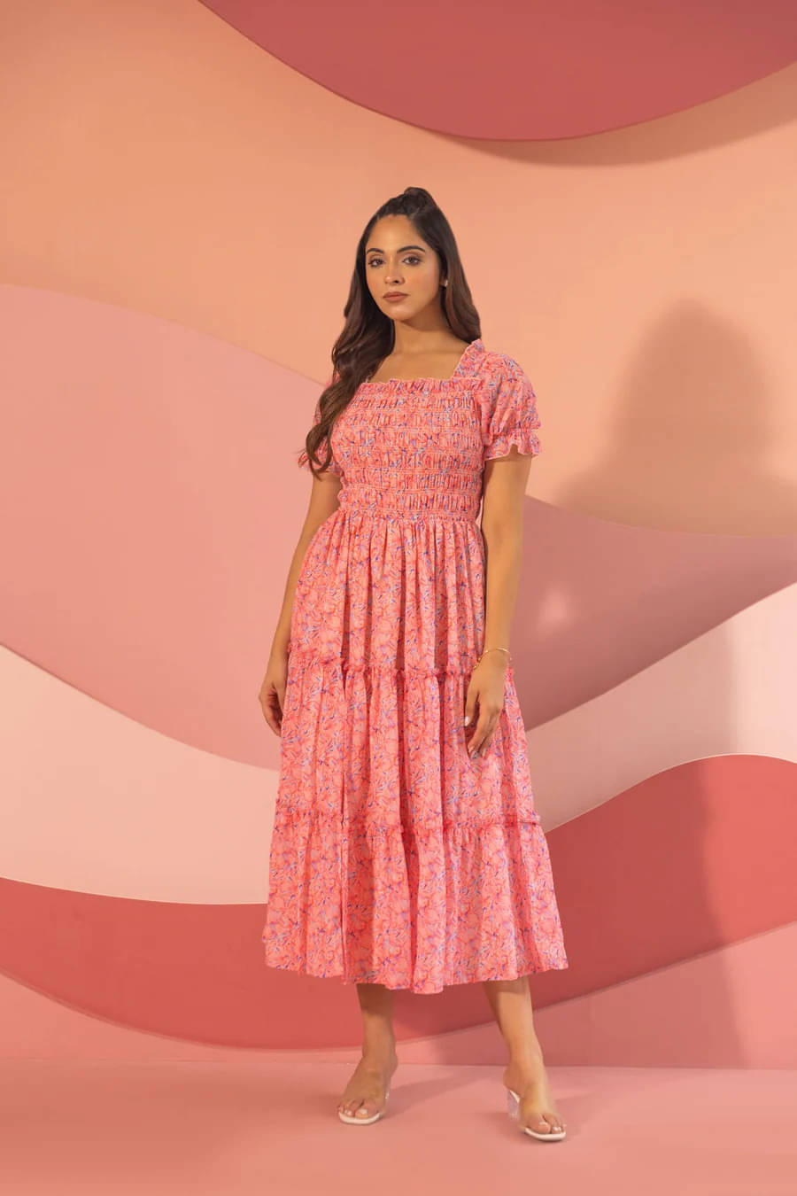 kedar fab Crepe Printed Midi Women's Fit & Flare Dress - Pink ( Pack of 1 ) kedar fab Crepe Printed Midi Women's Fit & Flare Dress - Pink ( Pack of 1 )