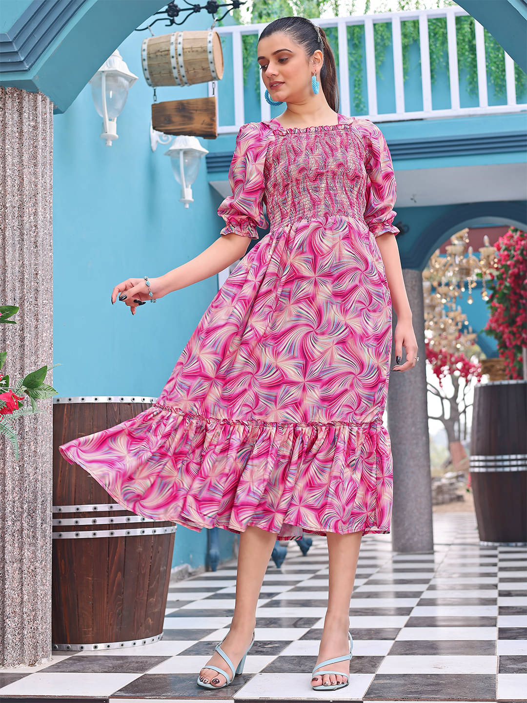     			kedar fab Crepe Printed Midi Women's Fit & Flare Dress - Multi Color ( Pack of 1 )