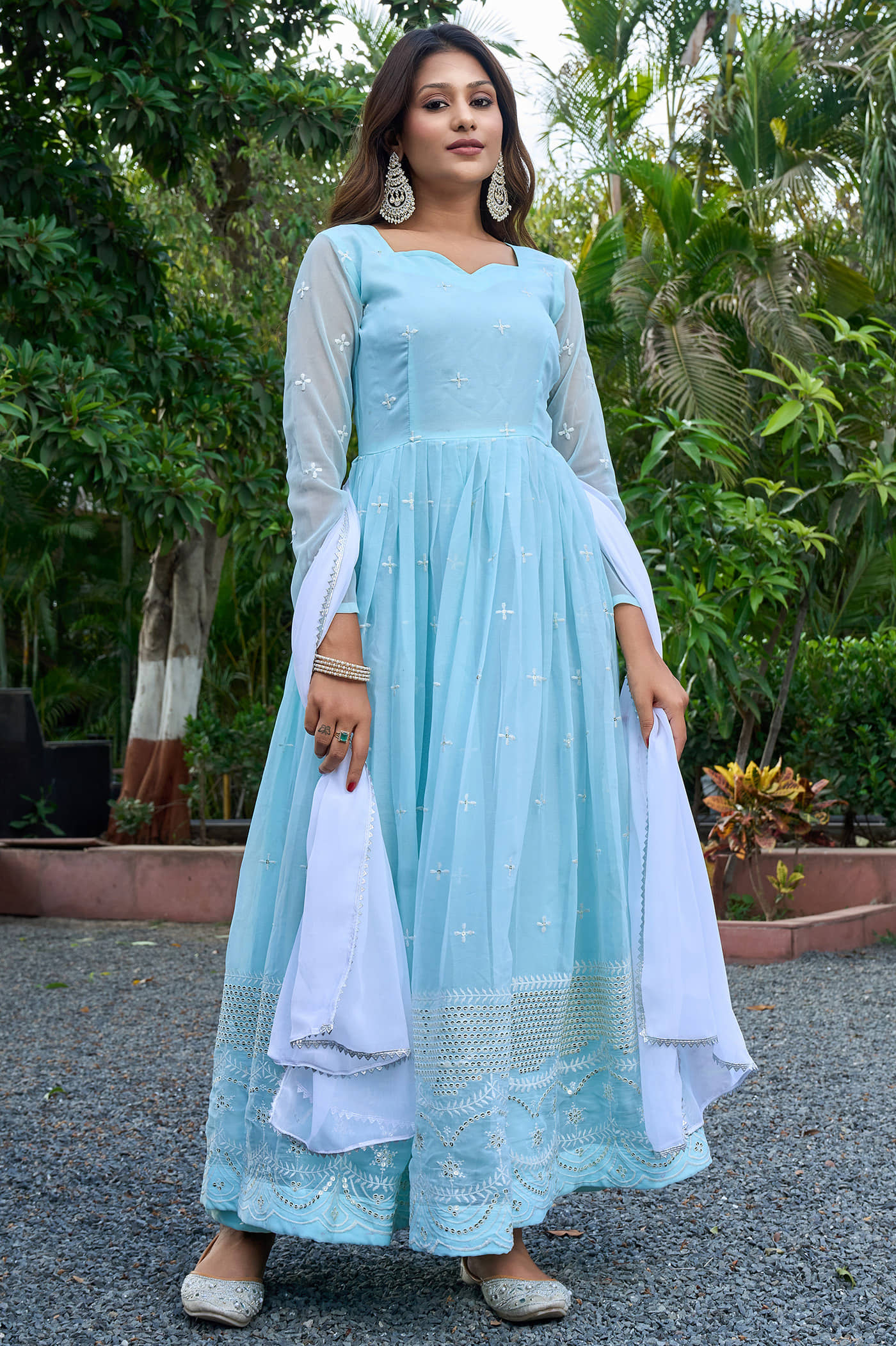 kedar fab Light Blue Anarkali Georgette Women's Stitched Ethnic Gown ( Pack of 1 ) - Unstitched Fabrics | Buy online on ZillyBuy