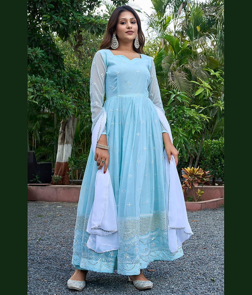 kedar fab Light Blue Anarkali Georgette Women's Stitched Ethnic Gown ( Pack of 1 ) - Unstitched Fabrics | Buy online on ZillyBuy