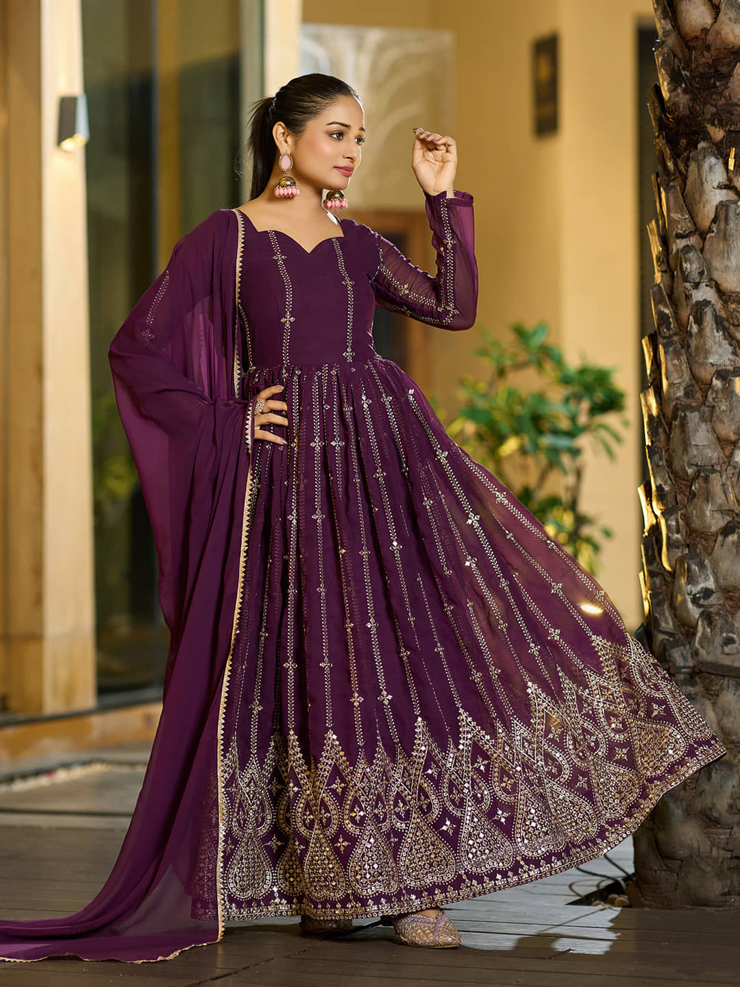 kedar fab Purple Anarkali Georgette Women's Stitched Ethnic Gown ( Pack of 1 ) - Unstitched Fabrics | Buy online on ZillyBuy