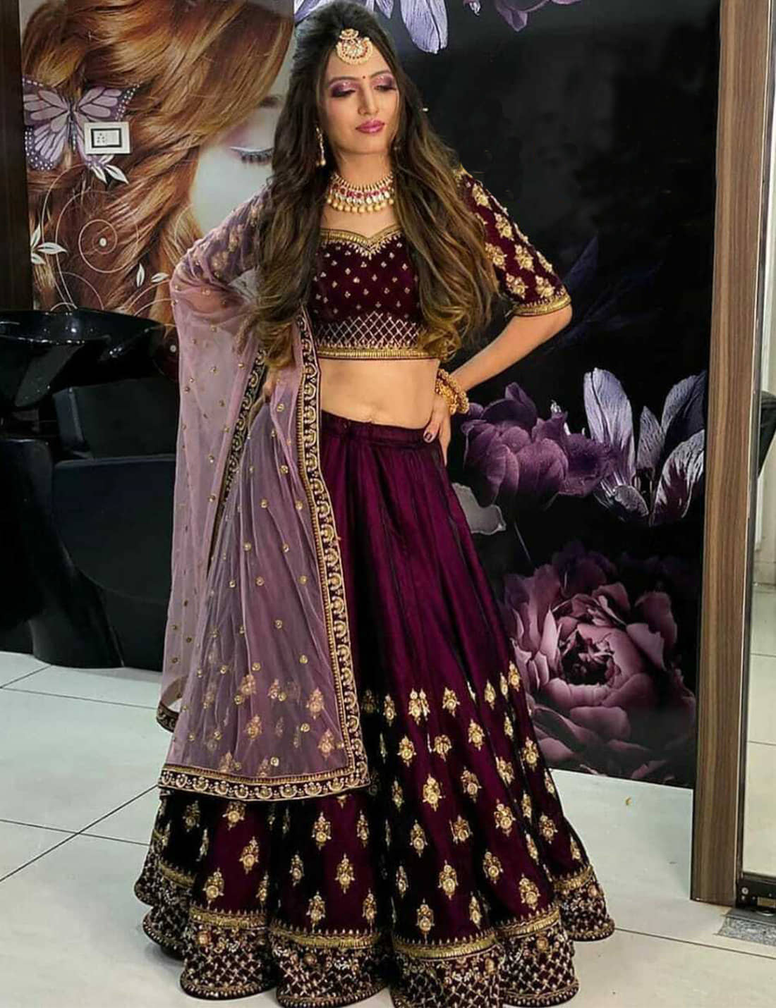 kedar fab Purple Velvet Circular Semi Stitched Lehenga Single