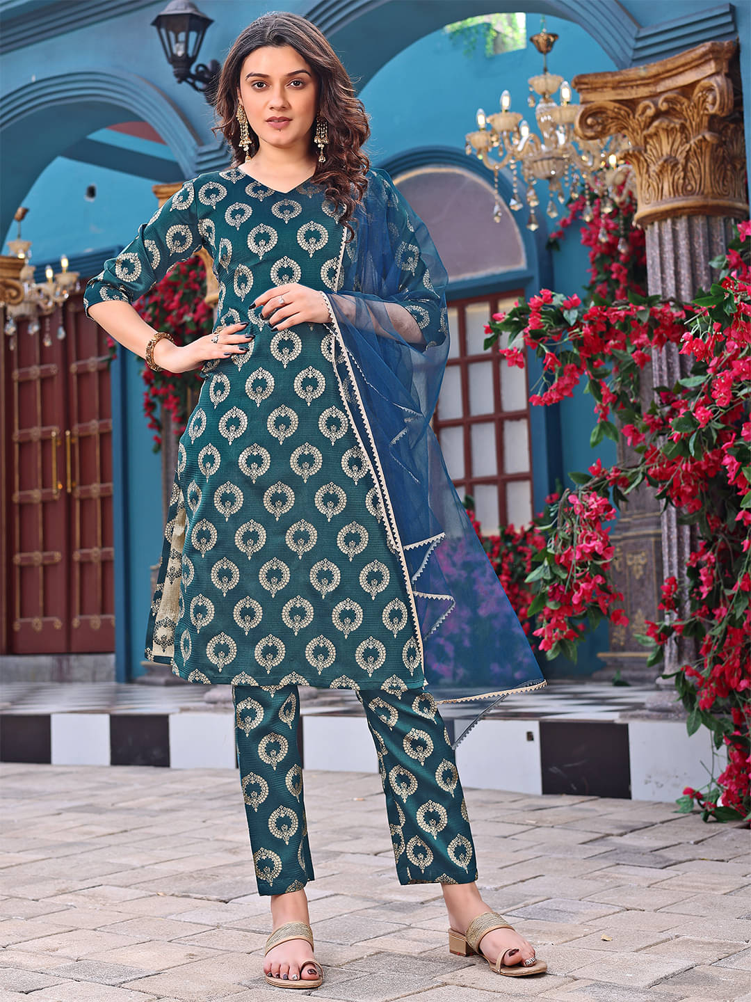     			kedar fab Silk Blend Self Design Kurti With Pants Women's Stitched Salwar Suit - Green ( Pack of 1 )