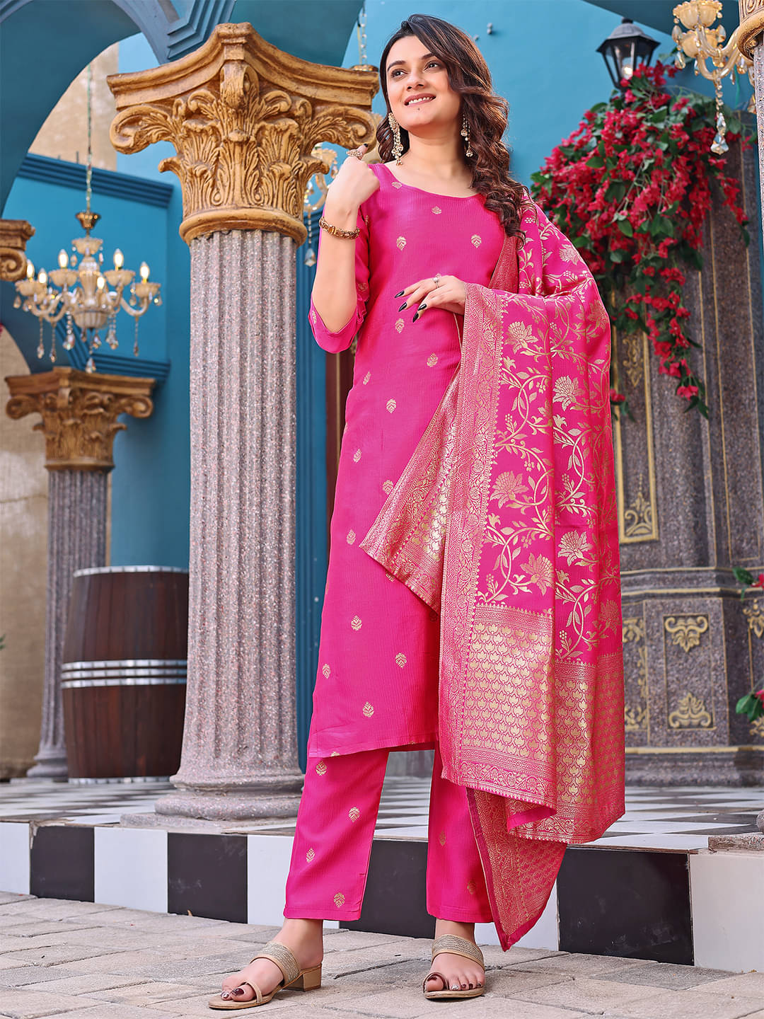 kedar fab Silk Blend Self Design Kurti With Pants Women's Stitched Salwar Suit - Pink ( Pack of 1 ) kedar fab Silk Blend Self Design Kurti With Pants Women's Stitched Salwar Suit - Pink ( Pack of 1 )