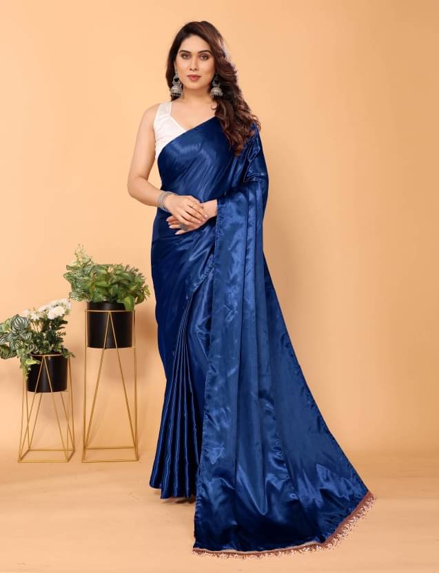     			Aika Satin Solid Saree With Unstitched Blouse Piece ( Navy Blue )