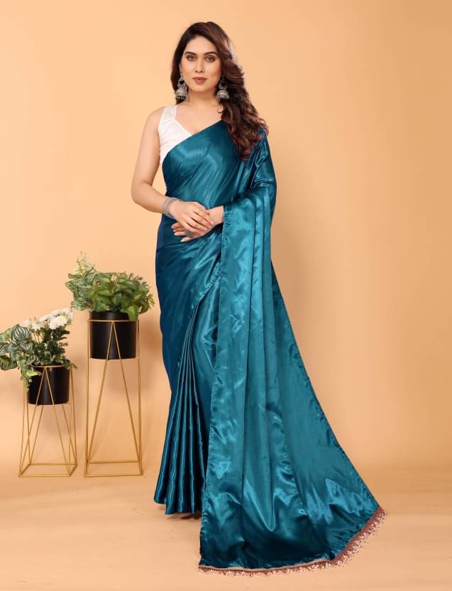     			Apnisha Satin Solid Saree With Unstitched Blouse Piece ( Teal )