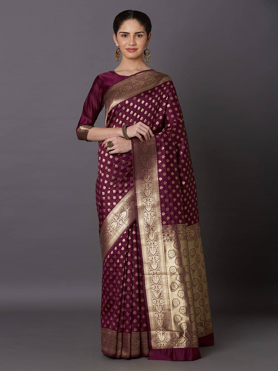     			DIKONA DESIGNER Banarasi Silk Woven Saree With Unstitched Blouse Piece ( Wine )