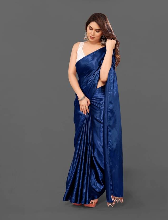     			Lady Shopi Satin Solid Saree With Unstitched Blouse Piece ( Navy Blue )