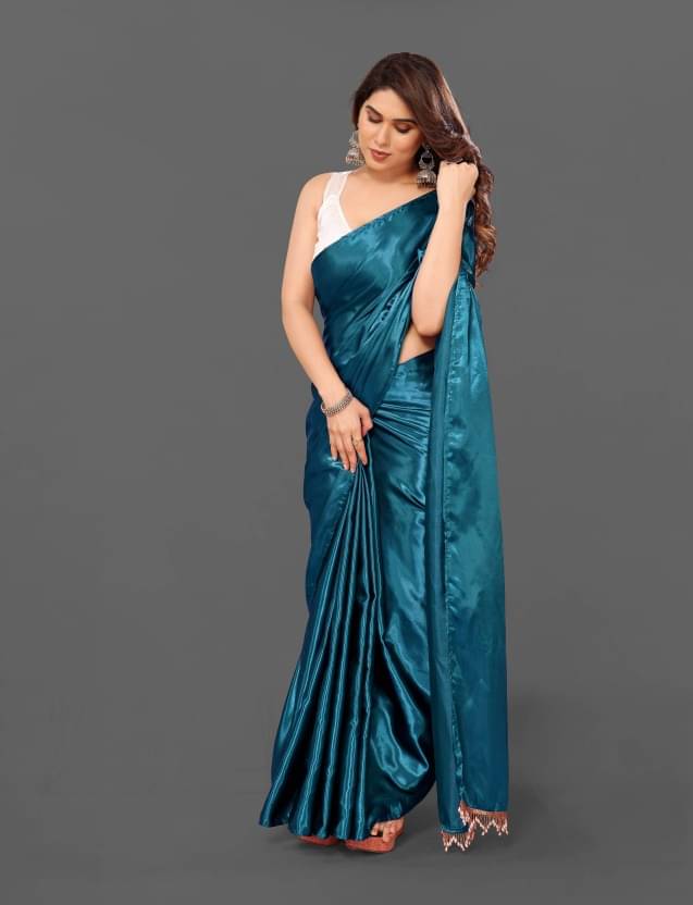 Lady Shopi Satin Solid Saree With Unstitched Blouse Piece ( Teal ) Lady Shopi Satin Solid Saree With Unstitched Blouse Piece ( Teal )