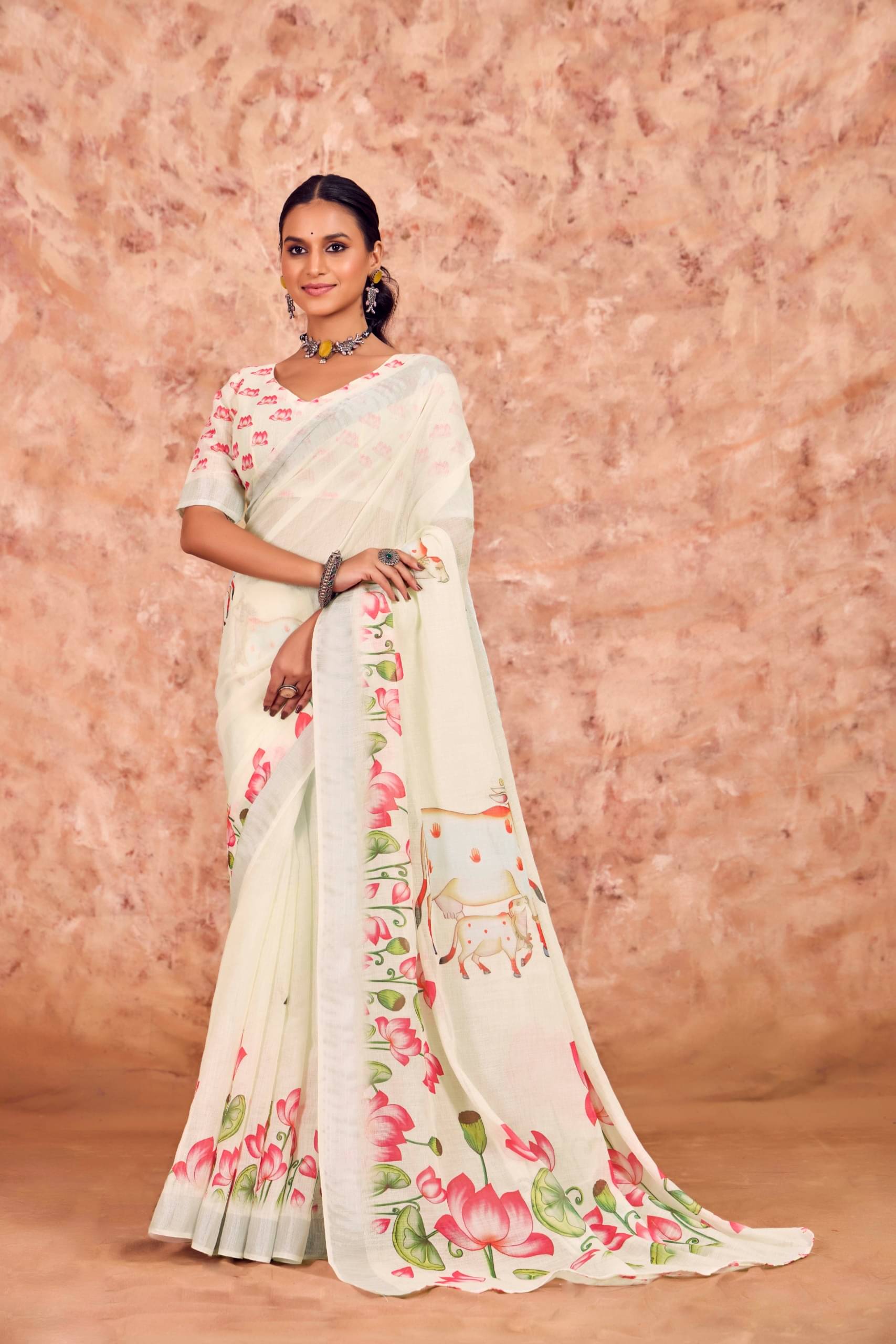     			RUDRA CREATION Linen Printed Saree With Unstitched Blouse Piece ( White )