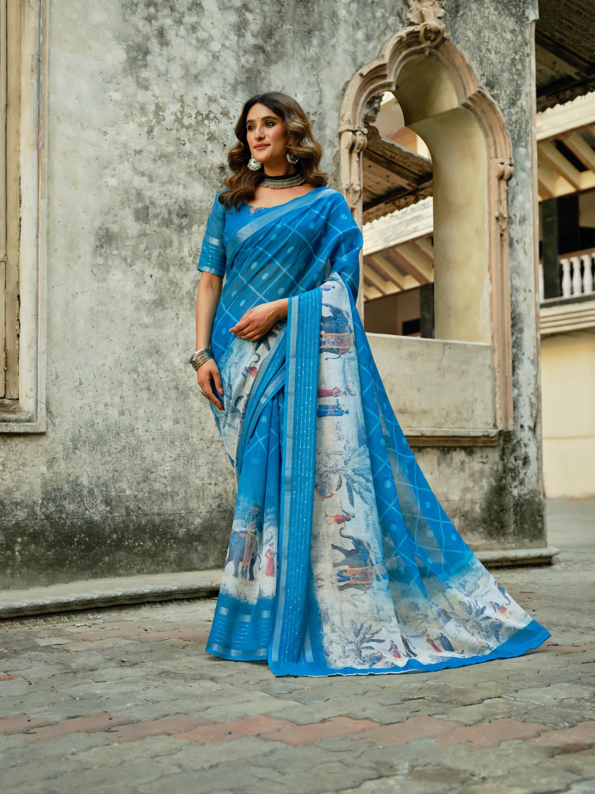     			Rudra Creations Linen Applique Saree With Unstitched Blouse Piece ( SkyBlue )