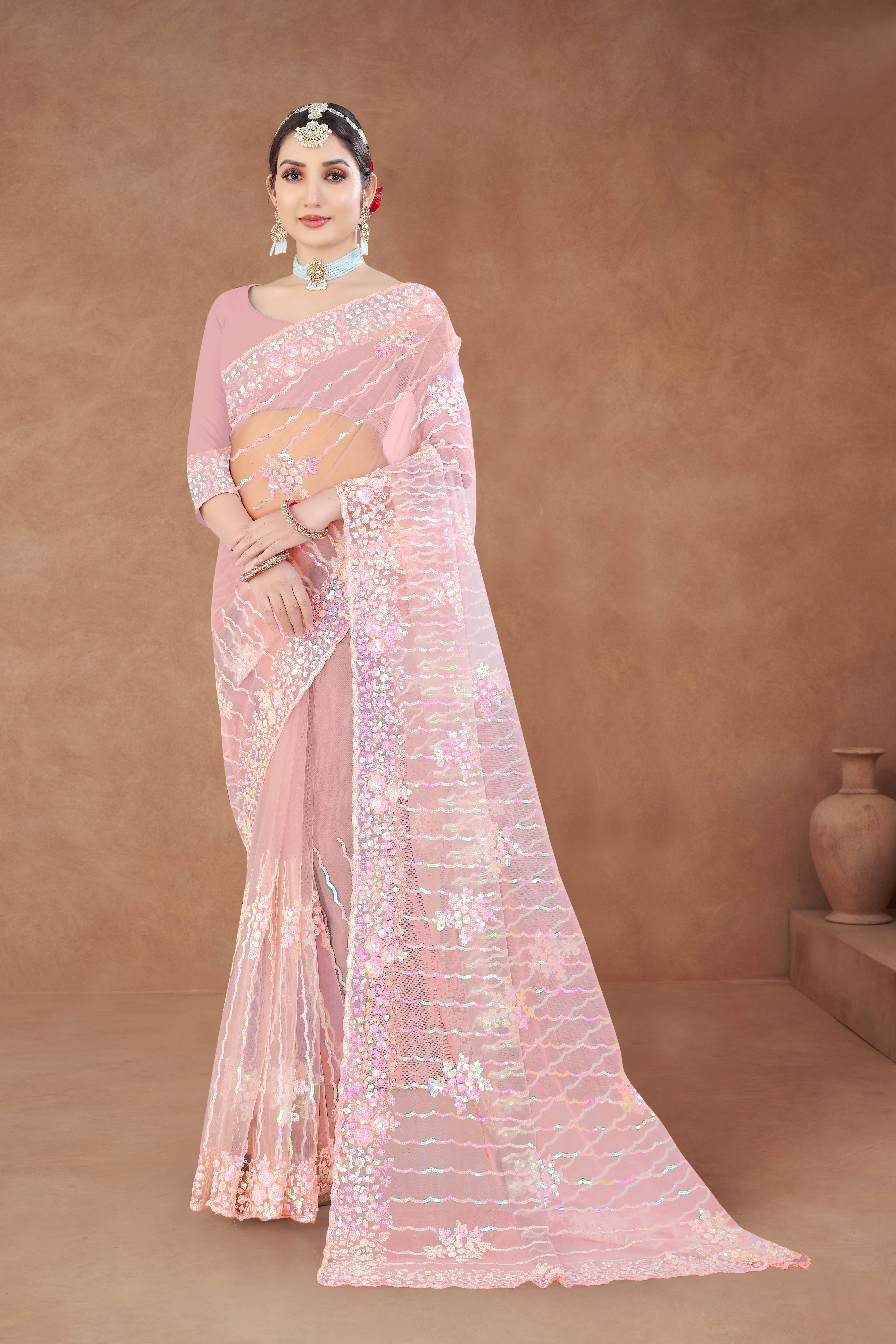 Sanjana Silk Net Embellished Saree With Unstitched Blouse Piece ( Pink ) Sanjana Silk Net Embellished Saree With Unstitched Blouse Piece ( Pink )