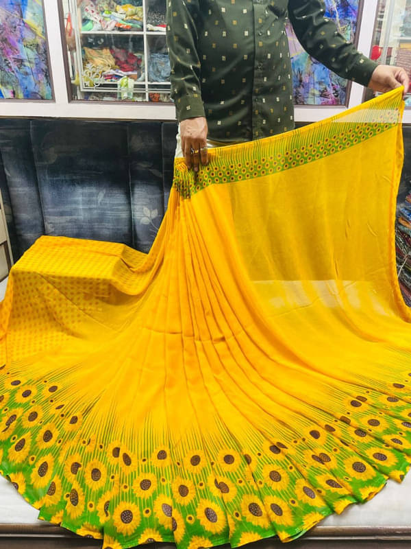 Sanjana Silks Georgette Printed Saree With Unstitched Blouse Piece ( Peach,Yellow ) Sanjana Silks Georgette Printed Saree With Unstitched Blouse Piece ( Peach,Yellow )