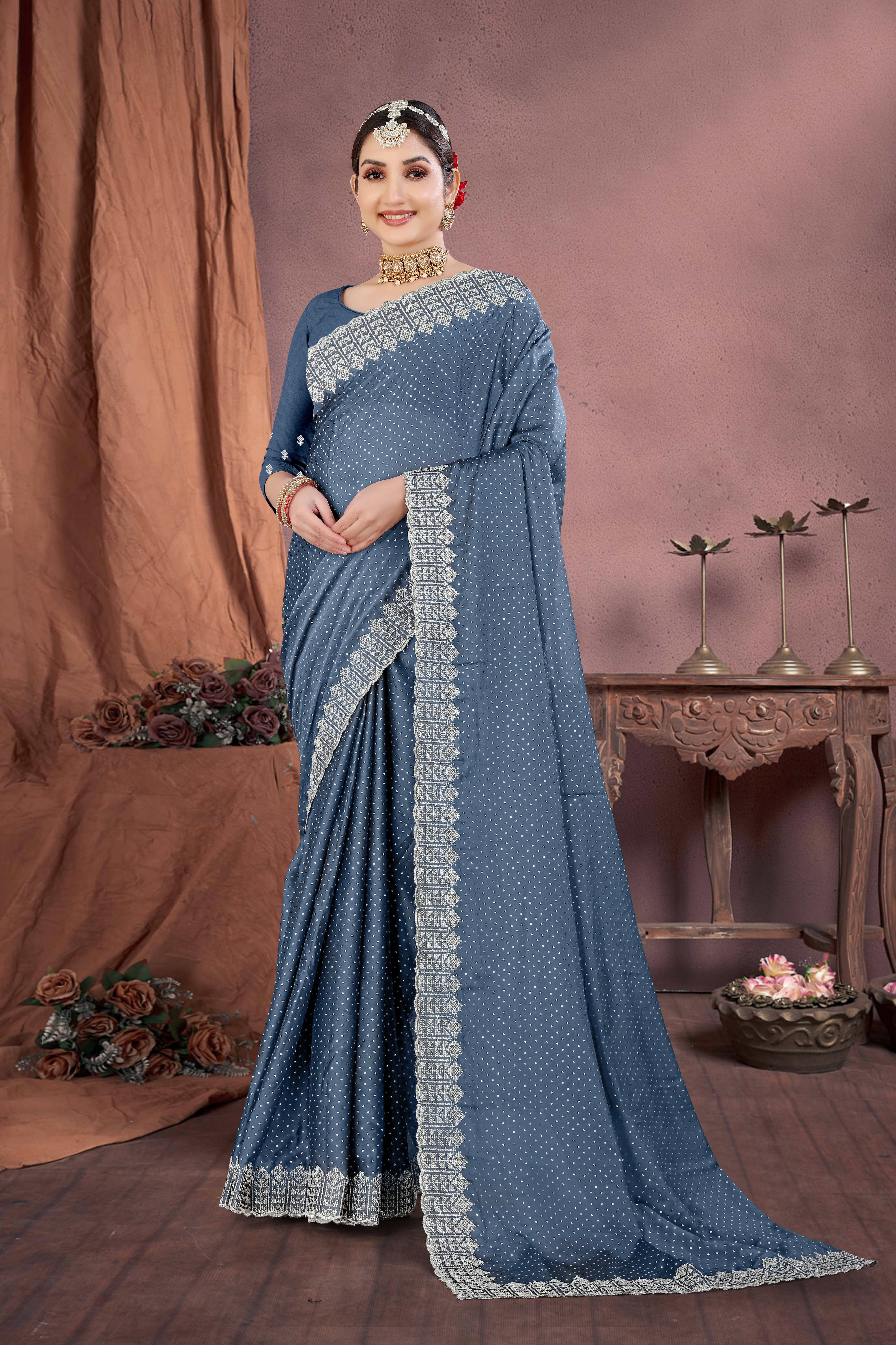 Sanwariya Silks Art Silk Embellished Saree With Unstitched Blouse Piece ( Navy Blue )     			Sanwariya Silks Art Silk Embellished Saree With Unstitched Blouse Piece ( Navy Blue )