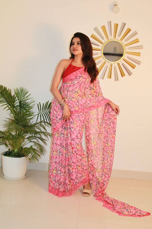     			Sitanjali Georgette Printed Saree With Unstitched Blouse Piece ( Pink )