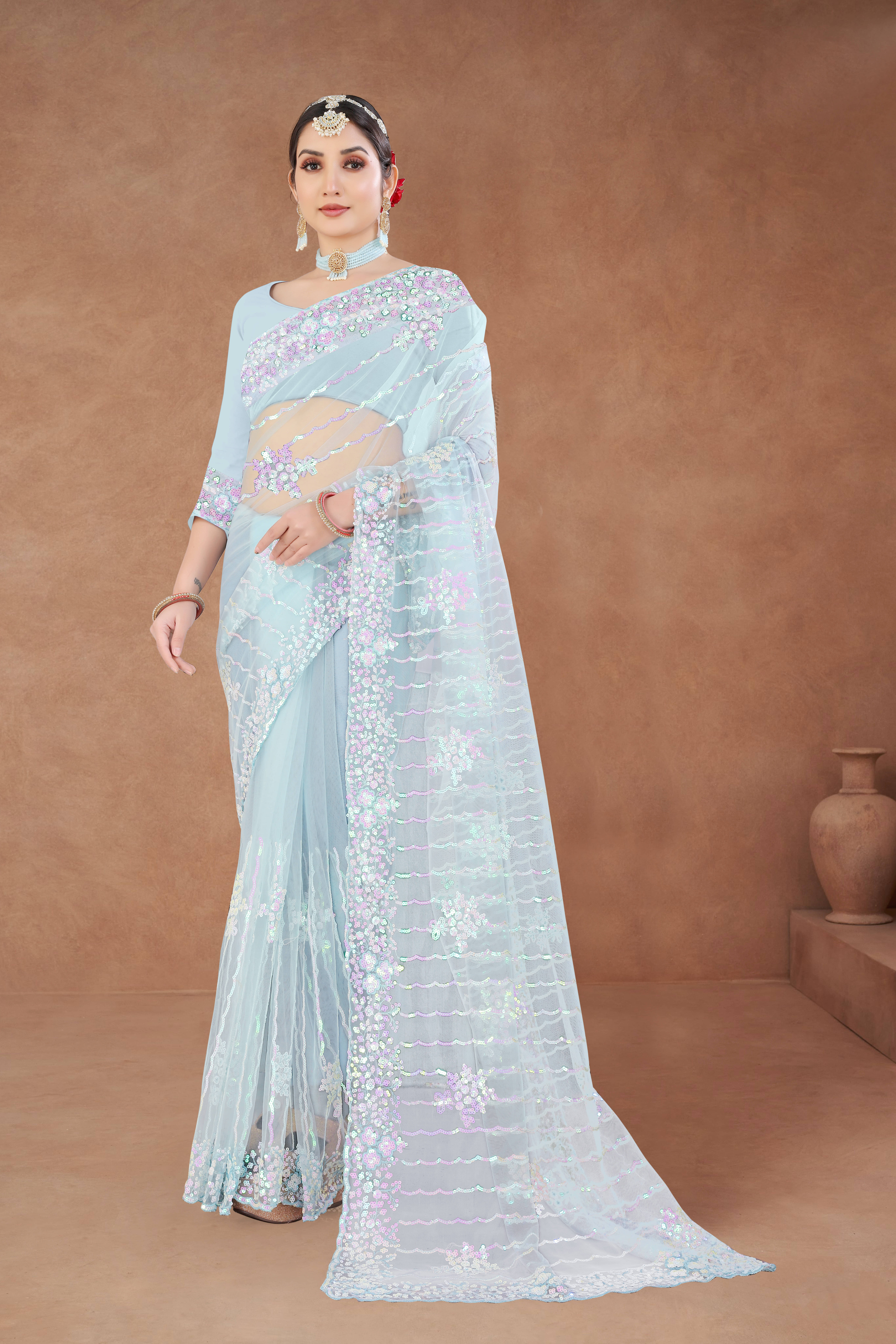 Sitanjali Net Embellished Saree With Unstitched Blouse Piece ( SkyBlue ) Sitanjali Net Embellished Saree With Unstitched Blouse Piece ( SkyBlue )