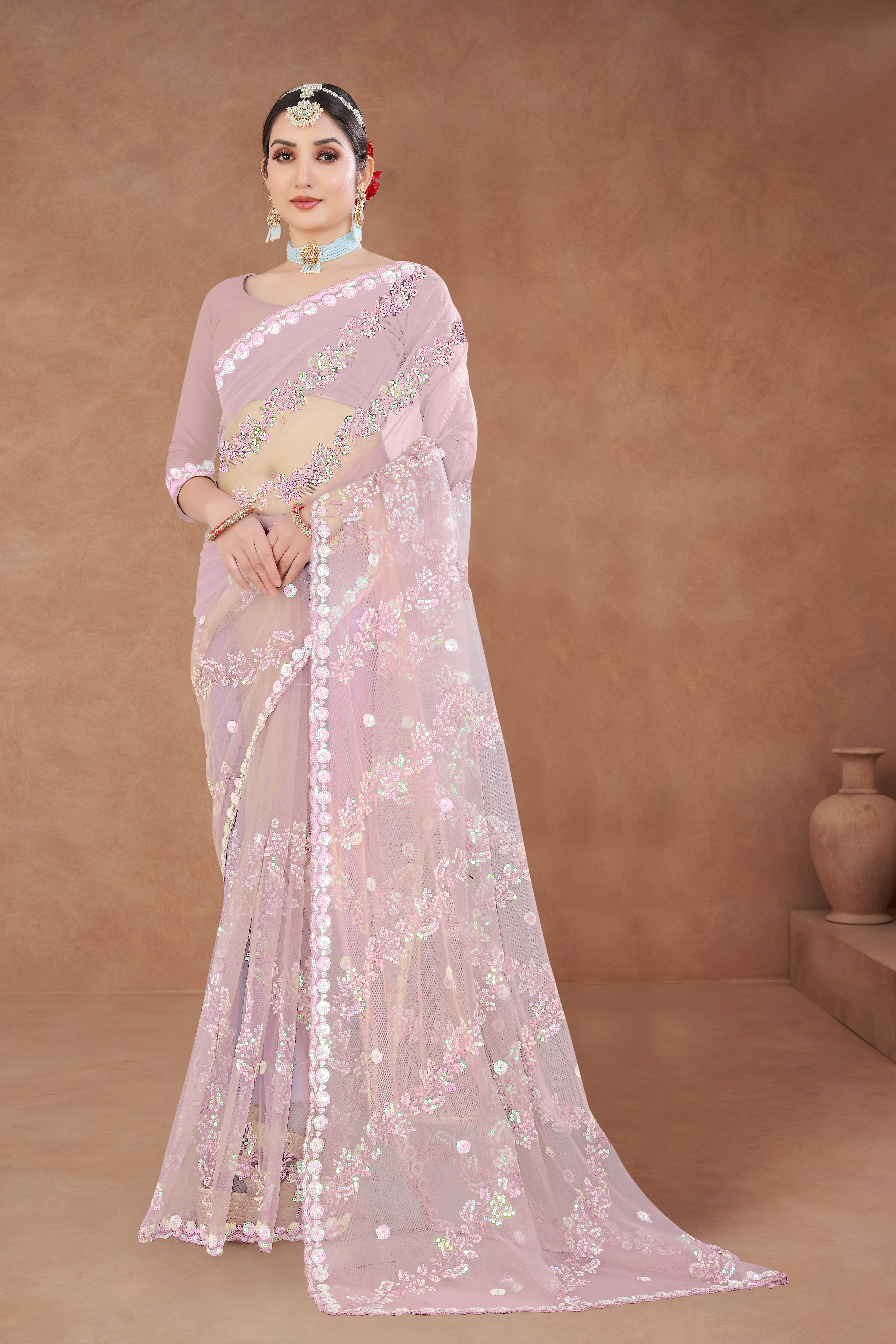 Sitanjali Net Embroidered Saree With Unstitched Blouse Piece ( Peach ) Sitanjali Net Embroidered Saree With Unstitched Blouse Piece ( Peach )