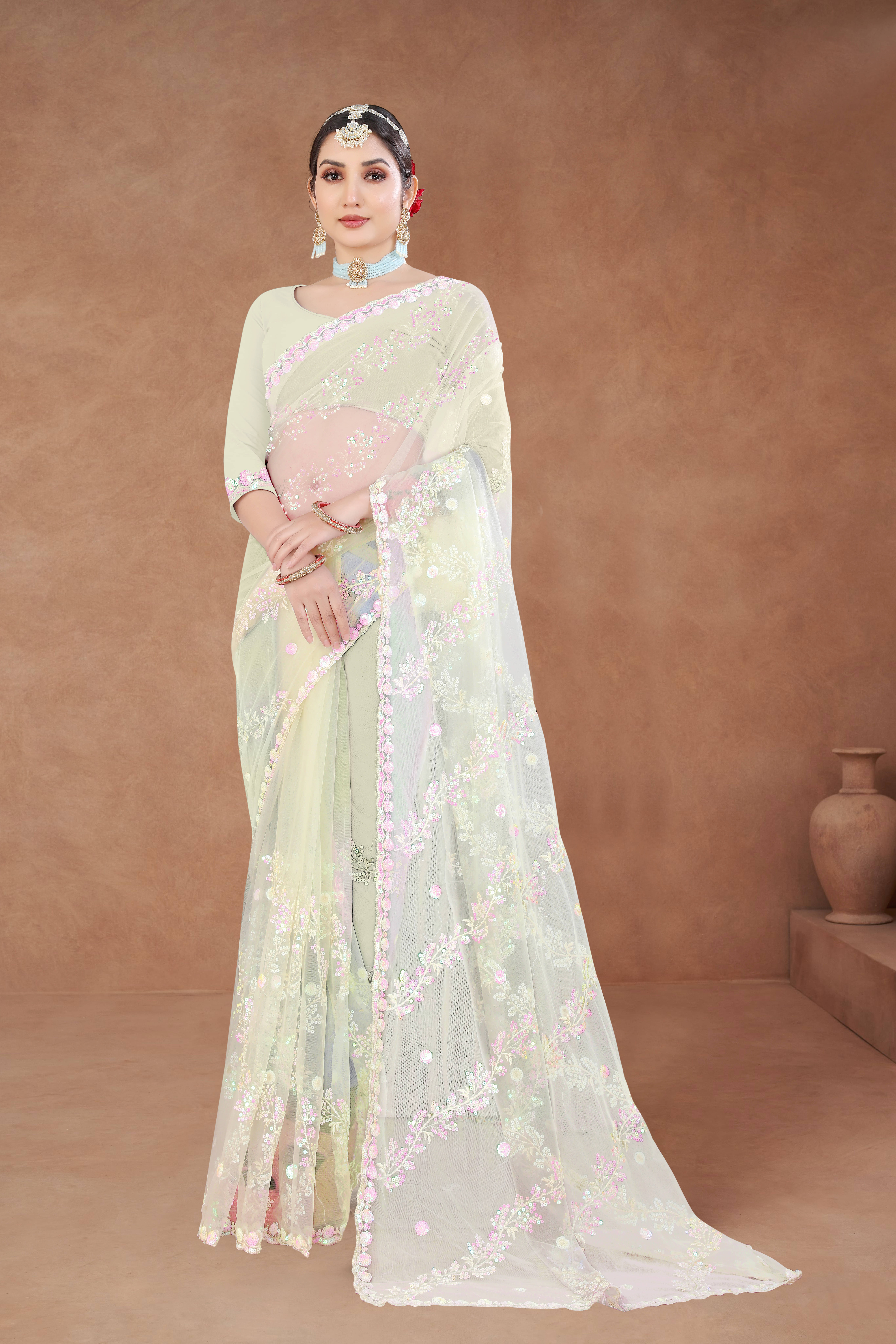 Sitanjali Net Embroidered Saree With Unstitched Blouse Piece ( Cream ) Sitanjali Net Embroidered Saree With Unstitched Blouse Piece ( Cream )