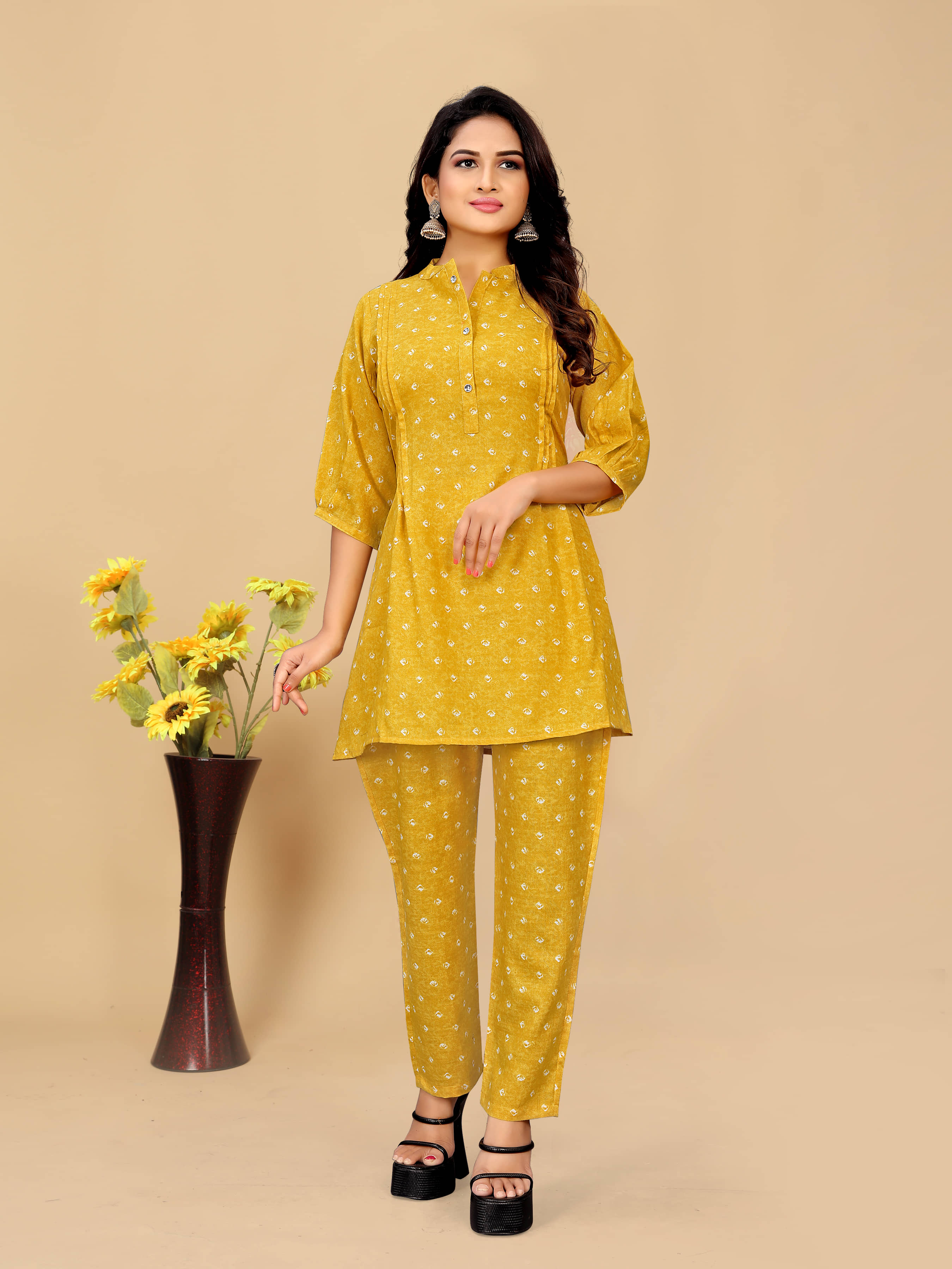 Women Basket Cotton Blend Printed Kurti With Pants Women's Stitched Salwar Suit - Yellow ( Pack of 1 )