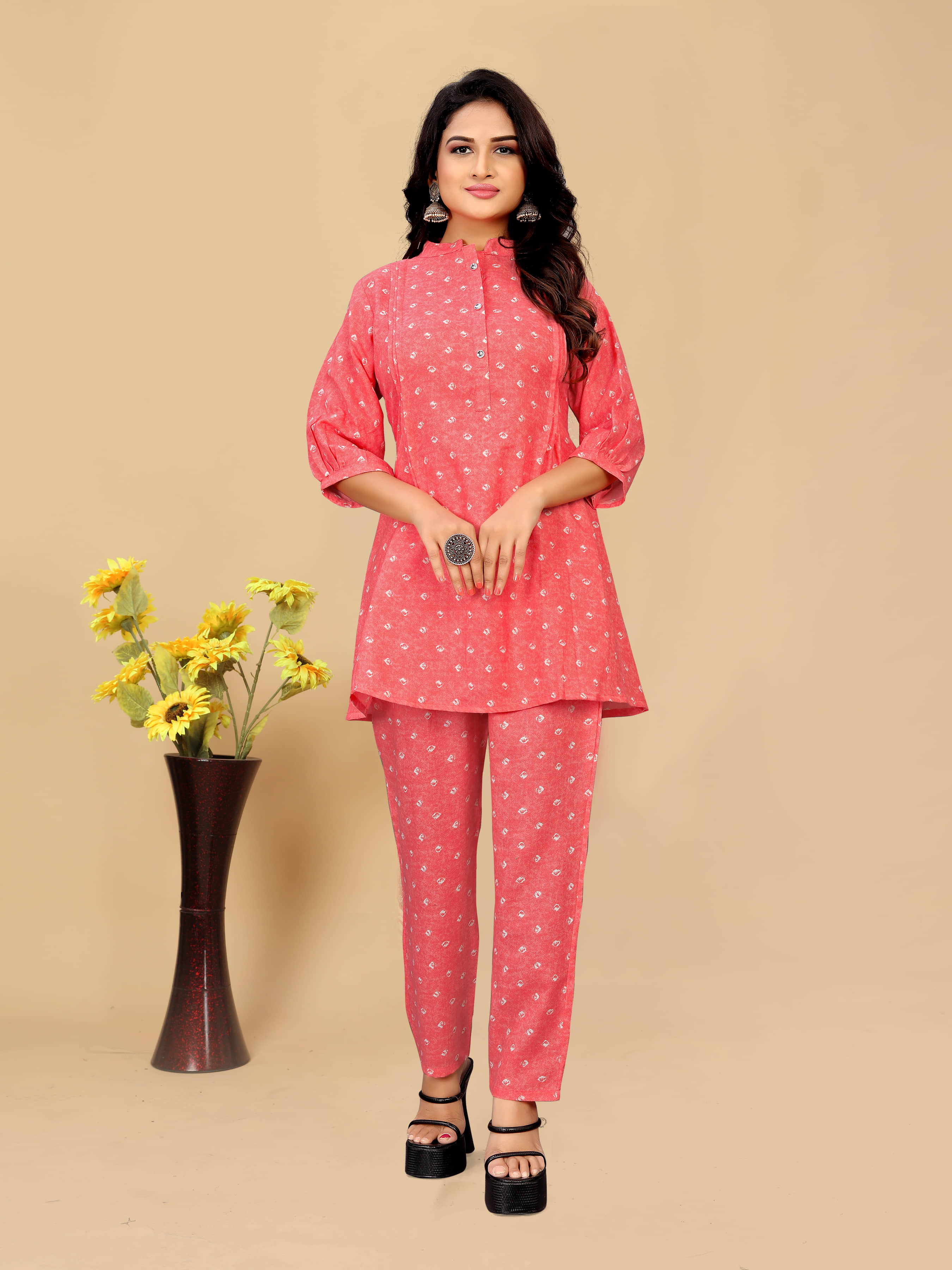 Women Basket Cotton Blend Printed Kurti With Pants Women's Stitched Salwar Suit - Pink ( Pack of 1 )