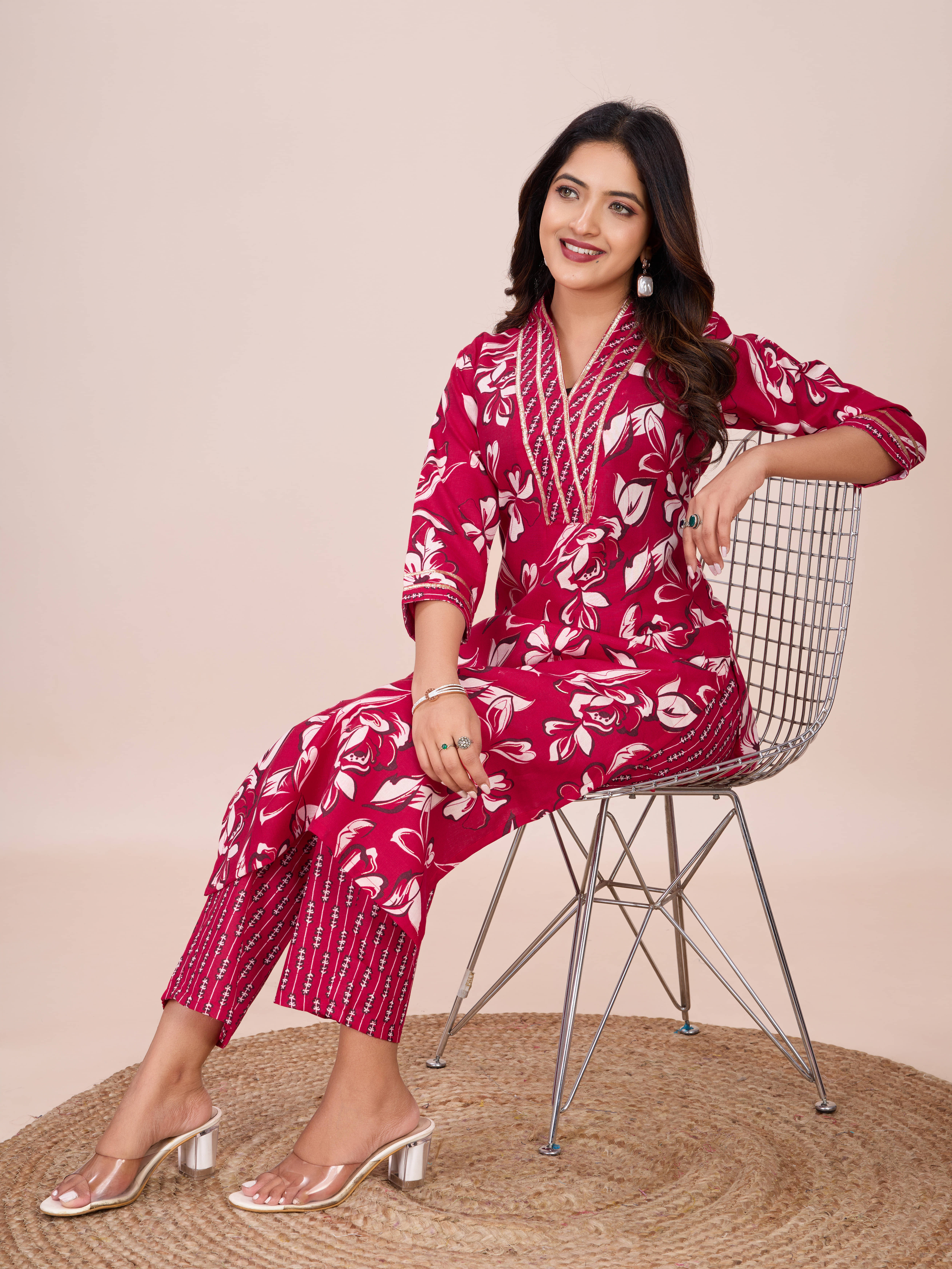 Women Basket Cotton Blend Printed Kurti With Pants Women's Stitched Salwar Suit - Pink ( Pack of 1 )