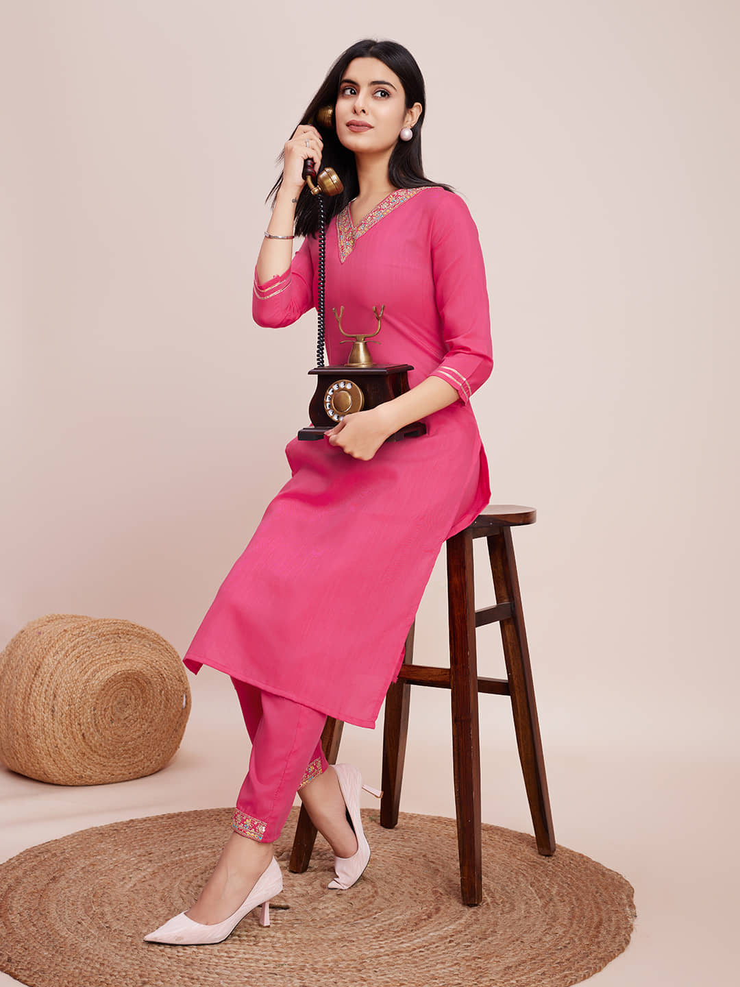 Women Basket Cotton Blend Printed Kurti With Pants Women's Stitched Salwar Suit - Pink ( Pack of 1 )