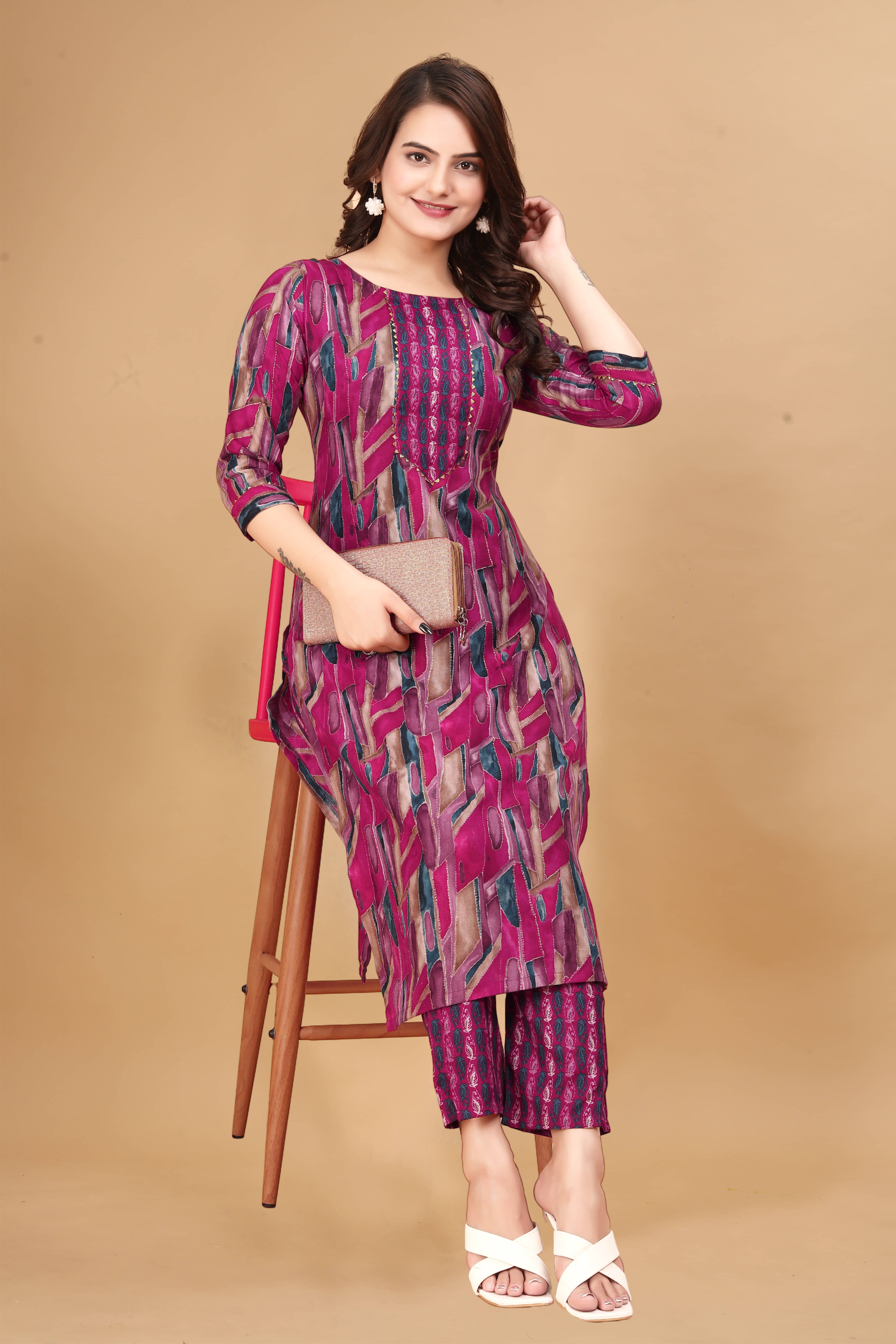     			Women Basket Cotton Blend Printed Kurti With Pants Women's Stitched Salwar Suit - Pink ( Pack of 1 )
