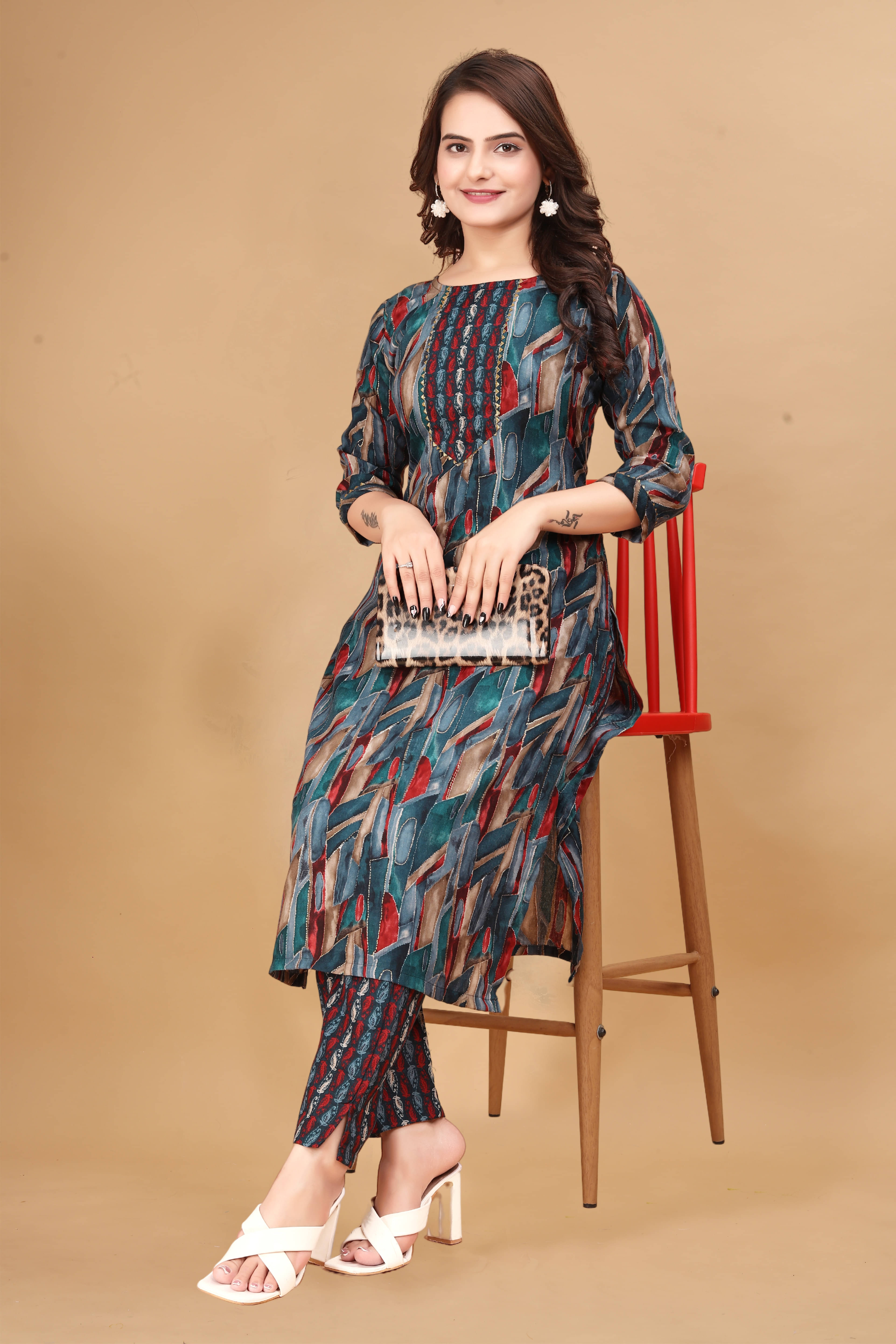     			Women Basket Cotton Blend Printed Kurti With Pants Women's Stitched Salwar Suit - Pink ( Pack of 1 )