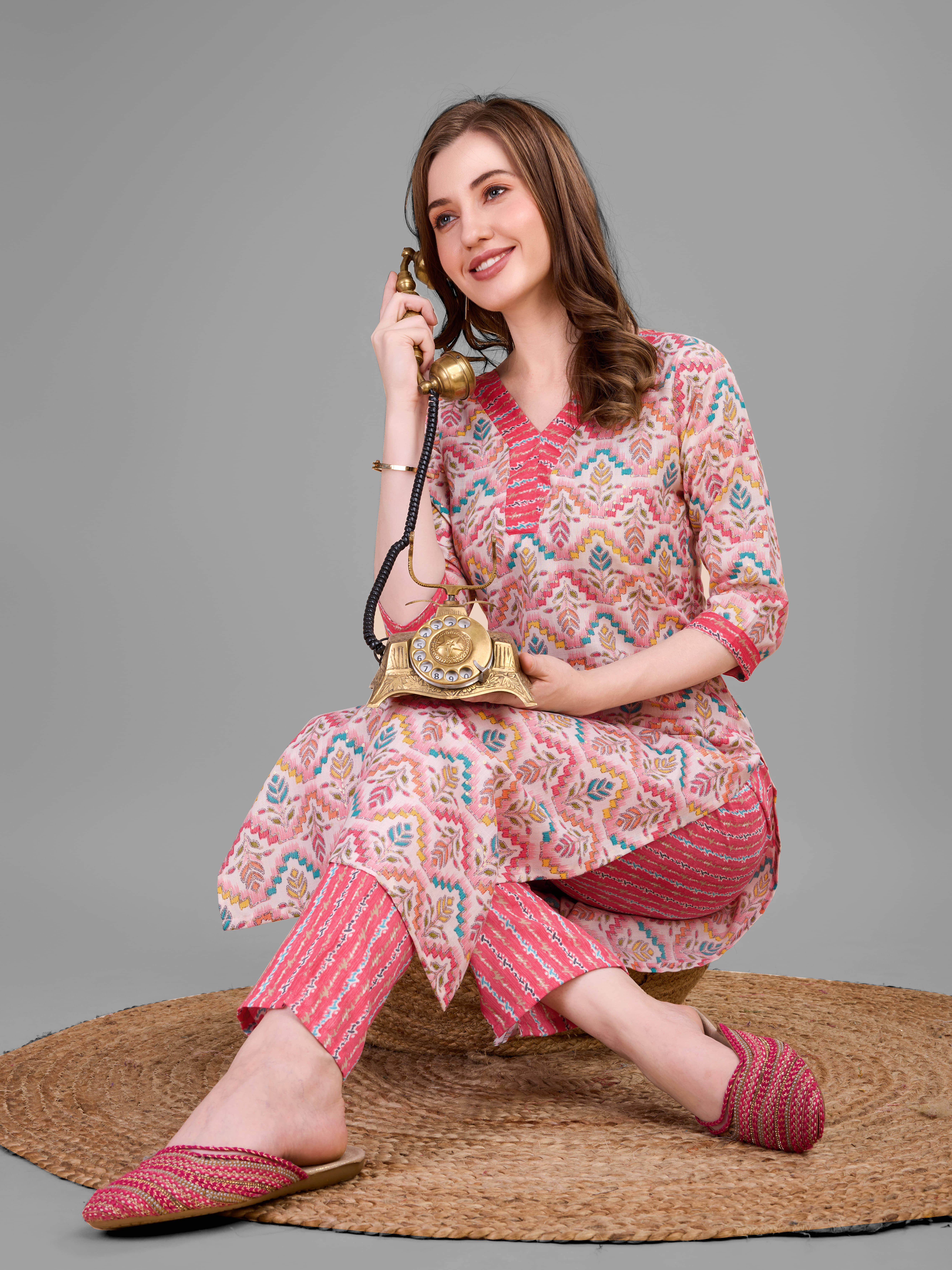 Women Basket Cotton Blend Printed Kurti With Pants Women's Stitched Salwar Suit - Pink ( Pack of 1 )