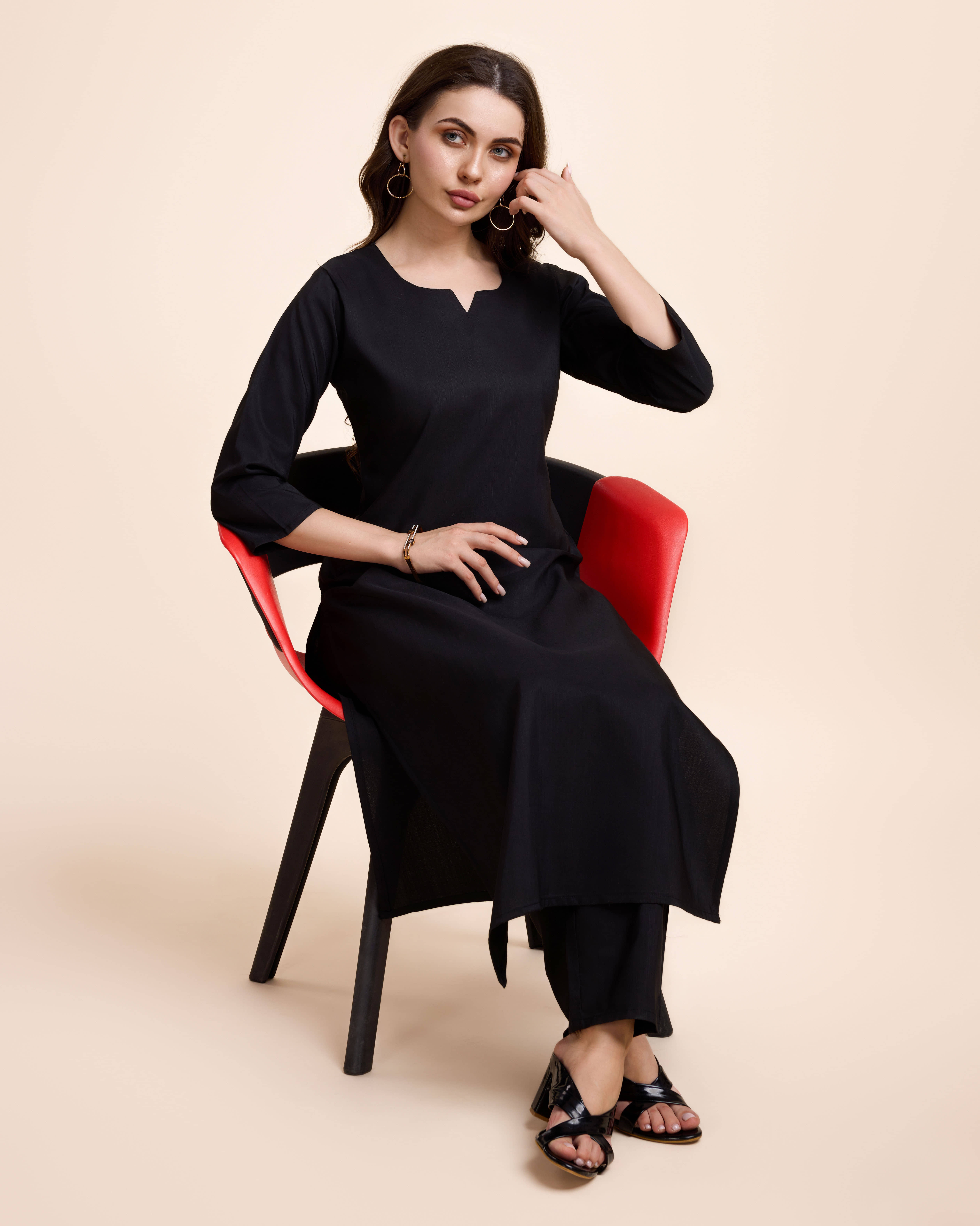 Women Basket Cotton Blend Solid Kurti With Pants Women's Stitched Salwar Suit - Black ( Pack of 1 )
