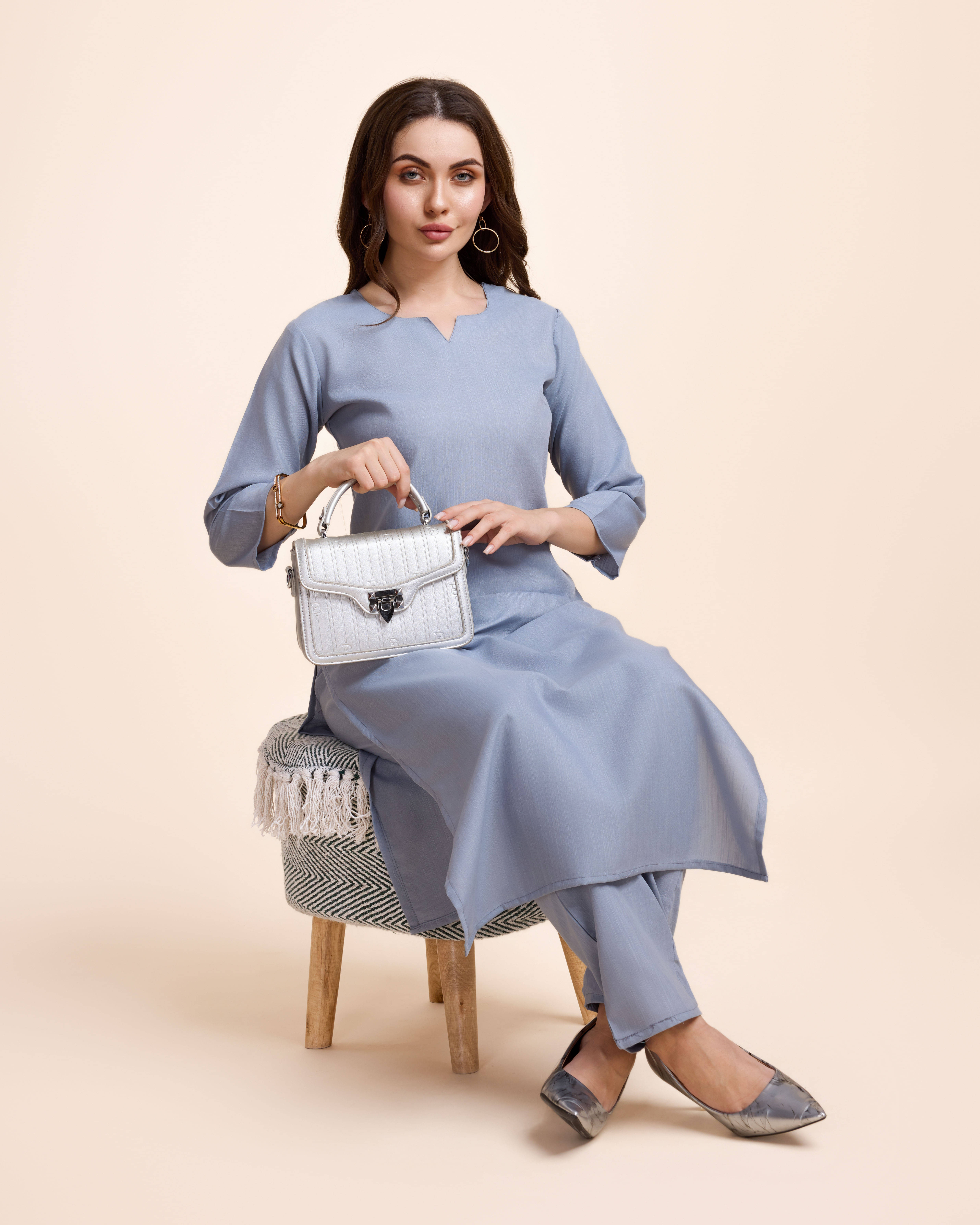     			Women Basket Cotton Blend Solid Kurti With Pants Women's Stitched Salwar Suit - Grey ( Pack of 1 )