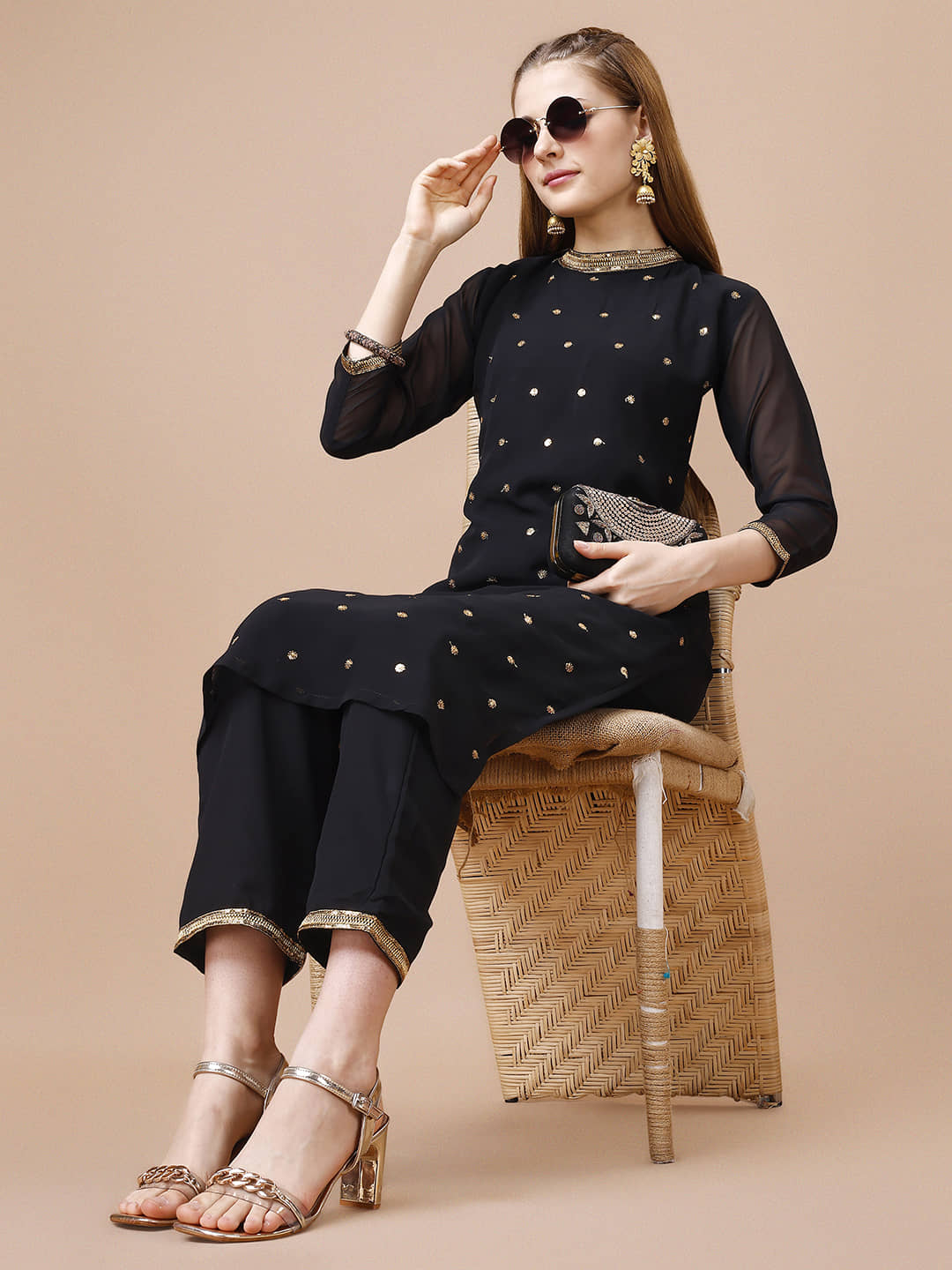 Women Basket Georgette Embroidered Kurti With Pants Women's Stitched Salwar Suit - Black ( Pack of 1 )