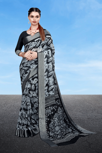 mahalaxmi fab Brasso Printed Saree With Unstitched Blouse Piece ( Black,White )     			mahalaxmi fab Brasso Printed Saree With Unstitched Blouse Piece ( Black,White )