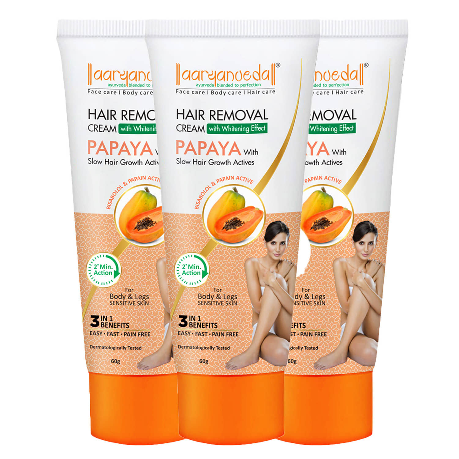 Aaryanveda Papaya Hair Removal Cream for Smooth, Gentle & Pain-Free Hair Removal , 180g (Pack of 3)