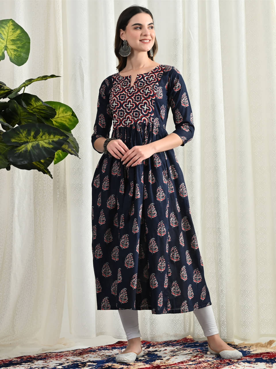 AMTHI Navy Blue Anarkali Cotton Women's Stitched Ethnic Gown ( Pack of 1 ) - Unstitched Fabrics | Buy online on ZillyBuy