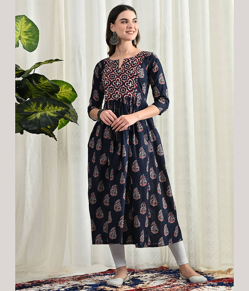 AMTHI Navy Blue Anarkali Cotton Women's Stitched Ethnic Gown ( Pack of 1 ) - Unstitched Fabrics | Buy online on ZillyBuy