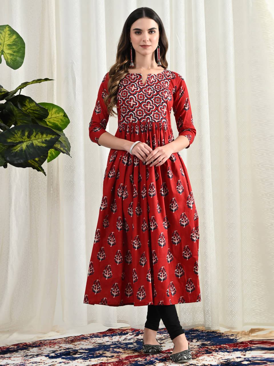 AMTHI Red Anarkali Cotton Women's Stitched Ethnic Gown ( Pack of 1 ) AMTHI Red Anarkali Cotton Women's Stitched Ethnic Gown ( Pack of 1 )