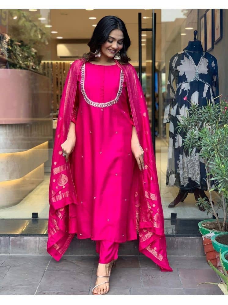 BOUGHT FIRST Silk Blend Embellished Kurti With Pants Women's Stitched Salwar Suit - Pink ( Pack of 1 )