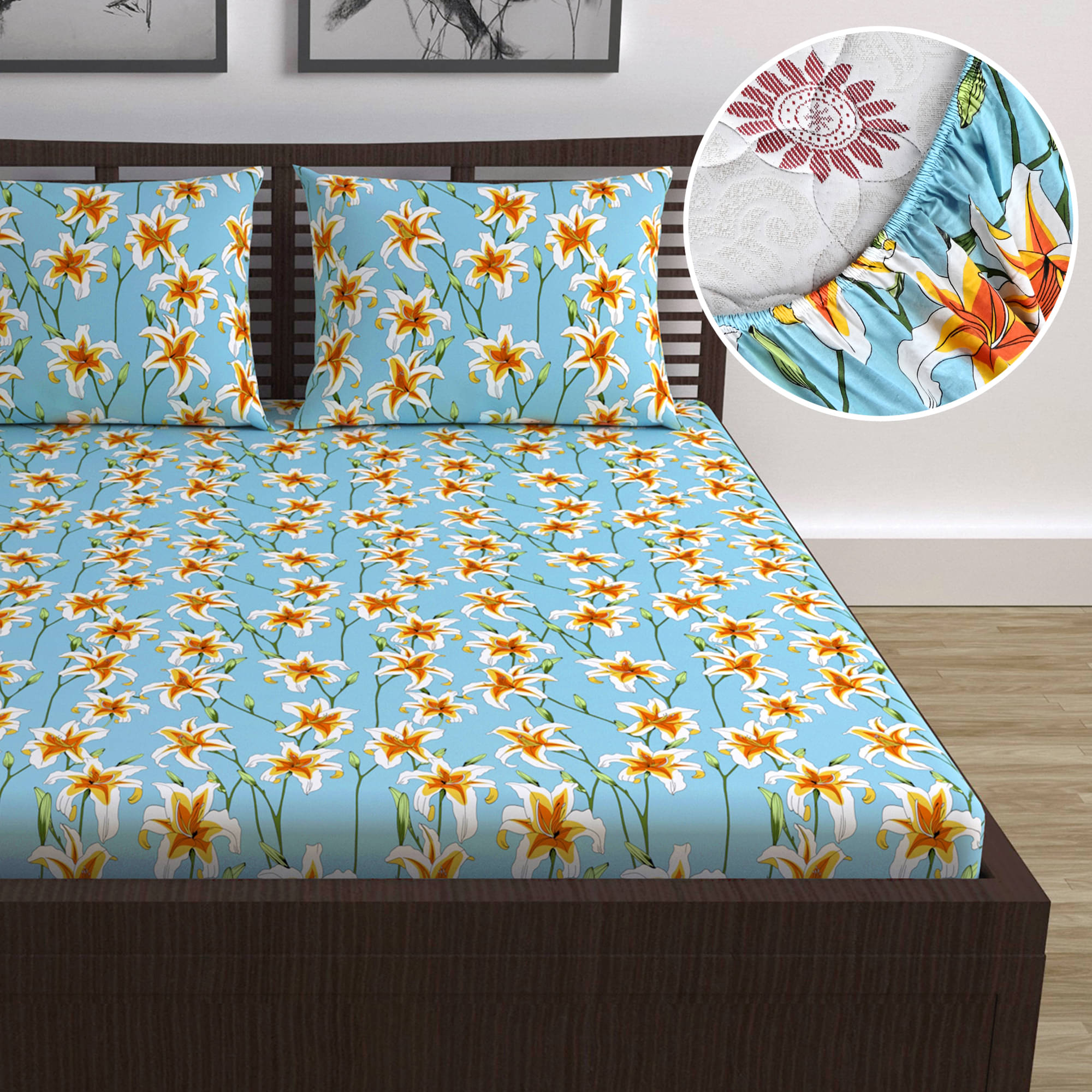     			DIVINE CASA Cotton Floral Fitted Fitted bedsheet with 2 Pillow Covers ( Double Bed ) - Sky Blue