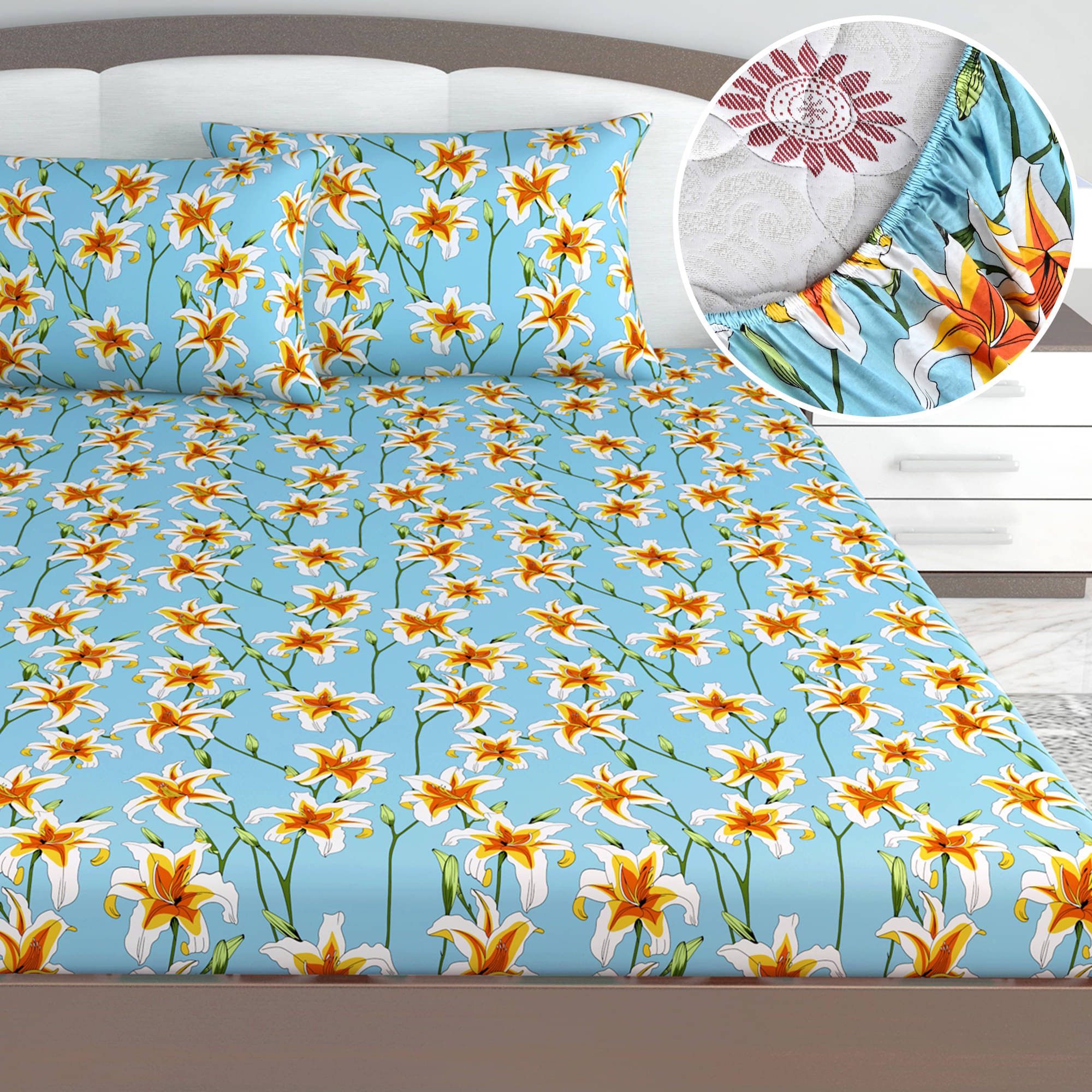 DIVINE CASA Cotton Floral Fitted Fitted bedsheet with 2 Pillow Covers ( King Size ) - Sky Blue DIVINE CASA Cotton Floral Fitted Fitted bedsheet with 2 Pillow Covers ( King Size ) - Sky Blue