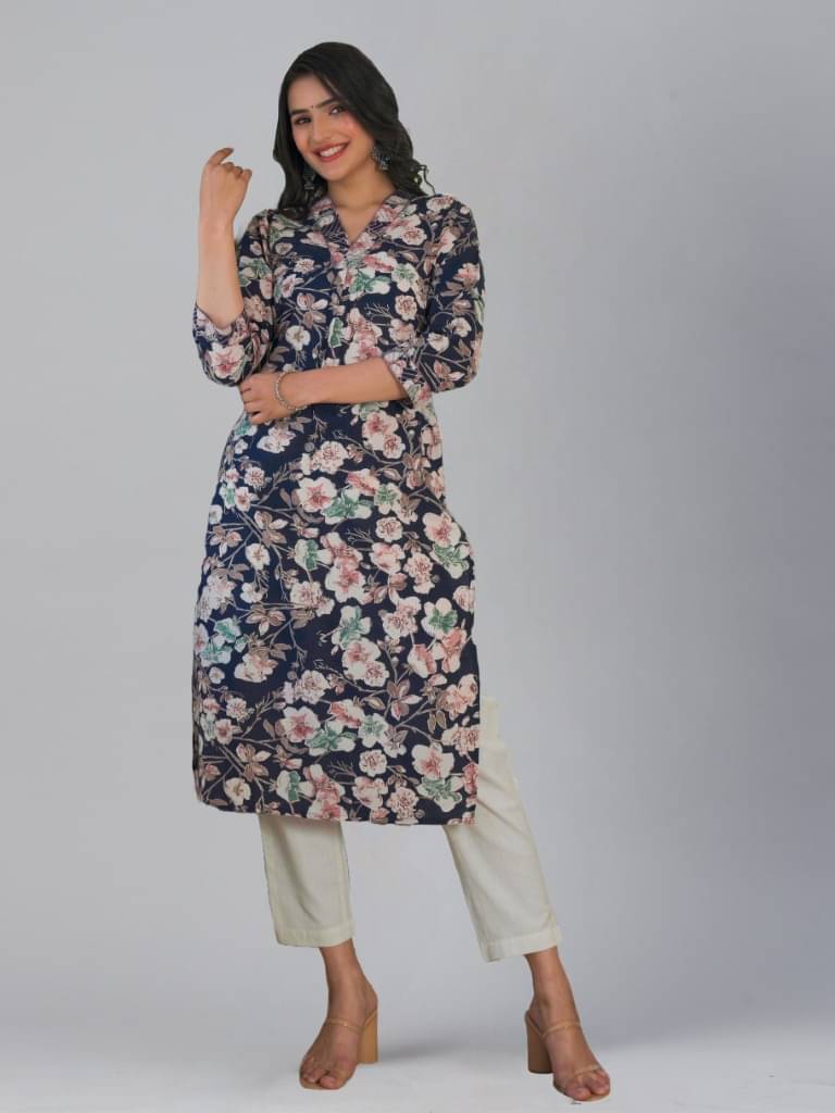 Gulmehak Pack of 1 Cotton Printed Straight Women's Kurti - ( Navy Blue ) Gulmehak Pack of 1 Cotton Printed Straight Women's Kurti - ( Navy Blue )