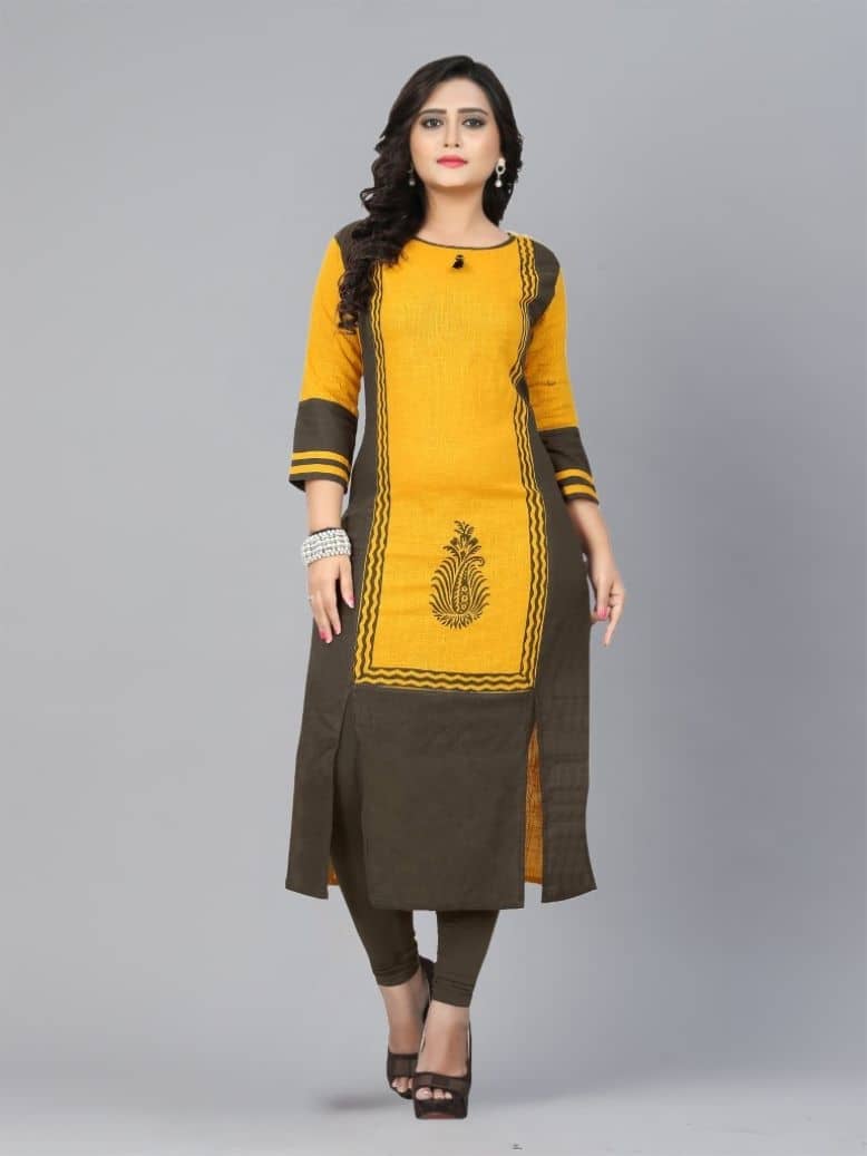 Gulmehak Pack of 1 Cotton Solid Straight Women's Kurti - ( Yellow ) - Kurtis, Tunics | Buy online on ZillyBuy