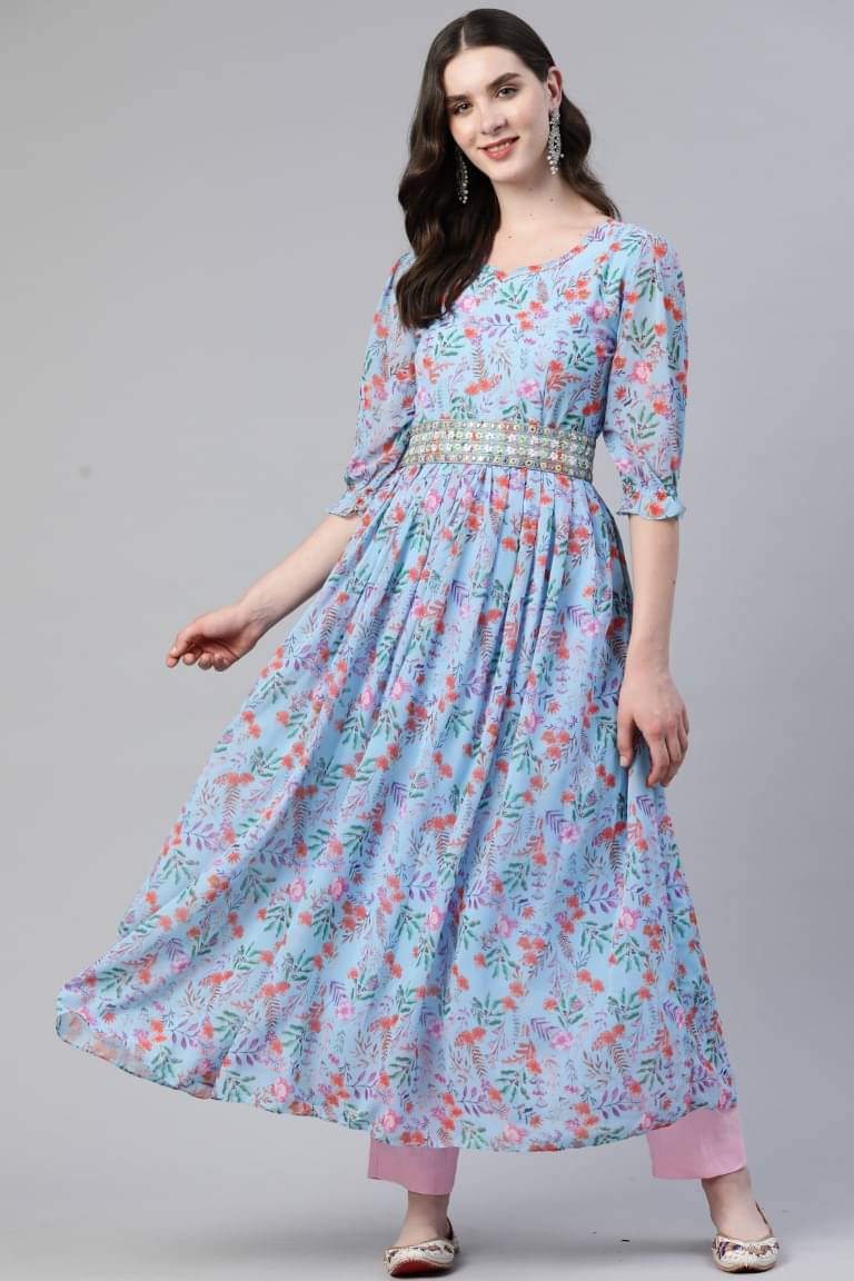     			Gulmehak Pack of 1 Georgette Printed Anarkali Women's Kurti - ( Blue )