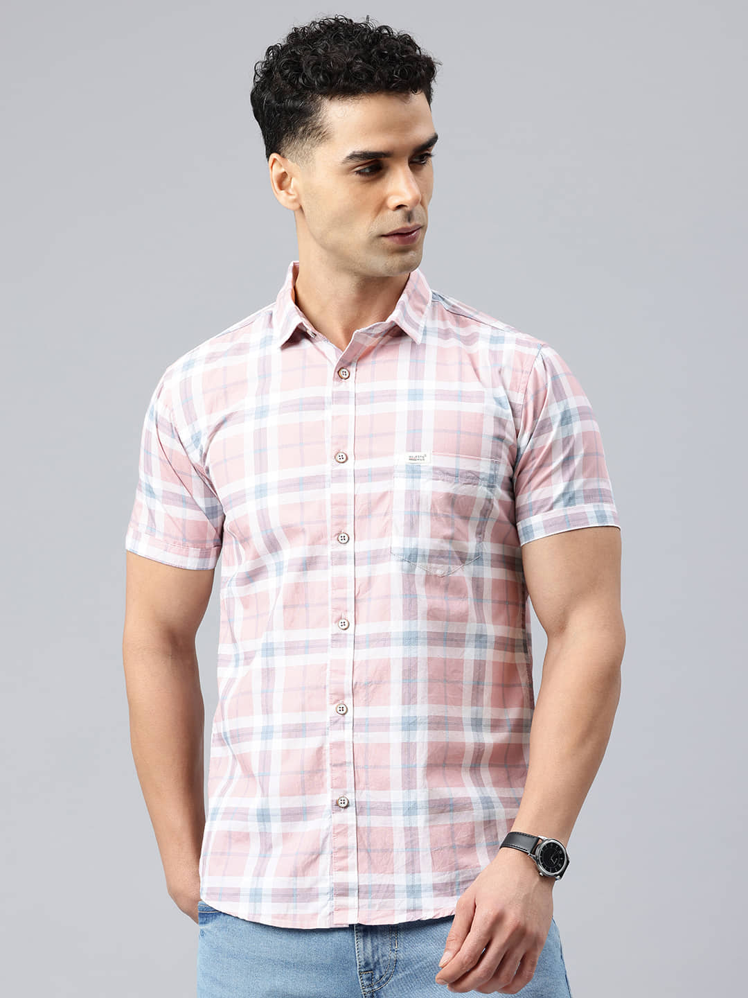 MAJESTIC MAN 100% Cotton Slim Fit Checks Half Sleeves Men's Casual Shirt - Light Blue ( Pack of 1 )